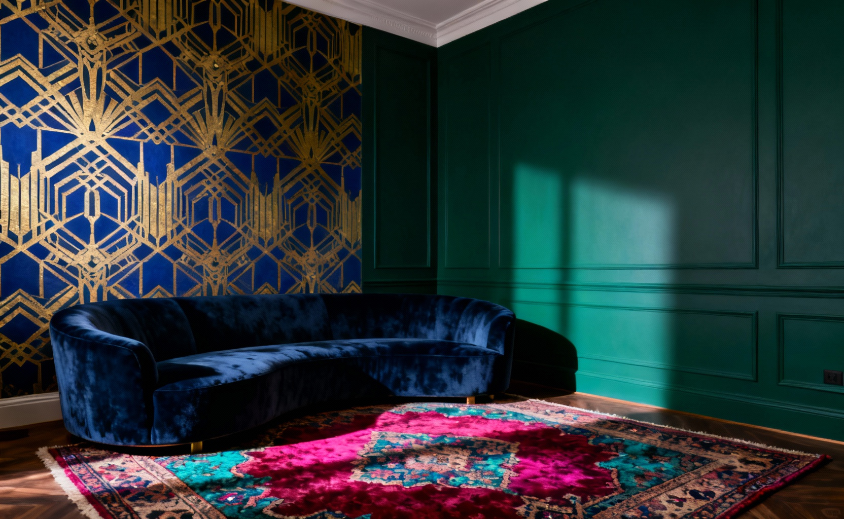 Luxurious maximalist living room featuring deep emerald green walls, geometric accent wallpaper in gold and sapphire, and a navy velvet sofa, establishing a bold jewel-toned foundational color palette.