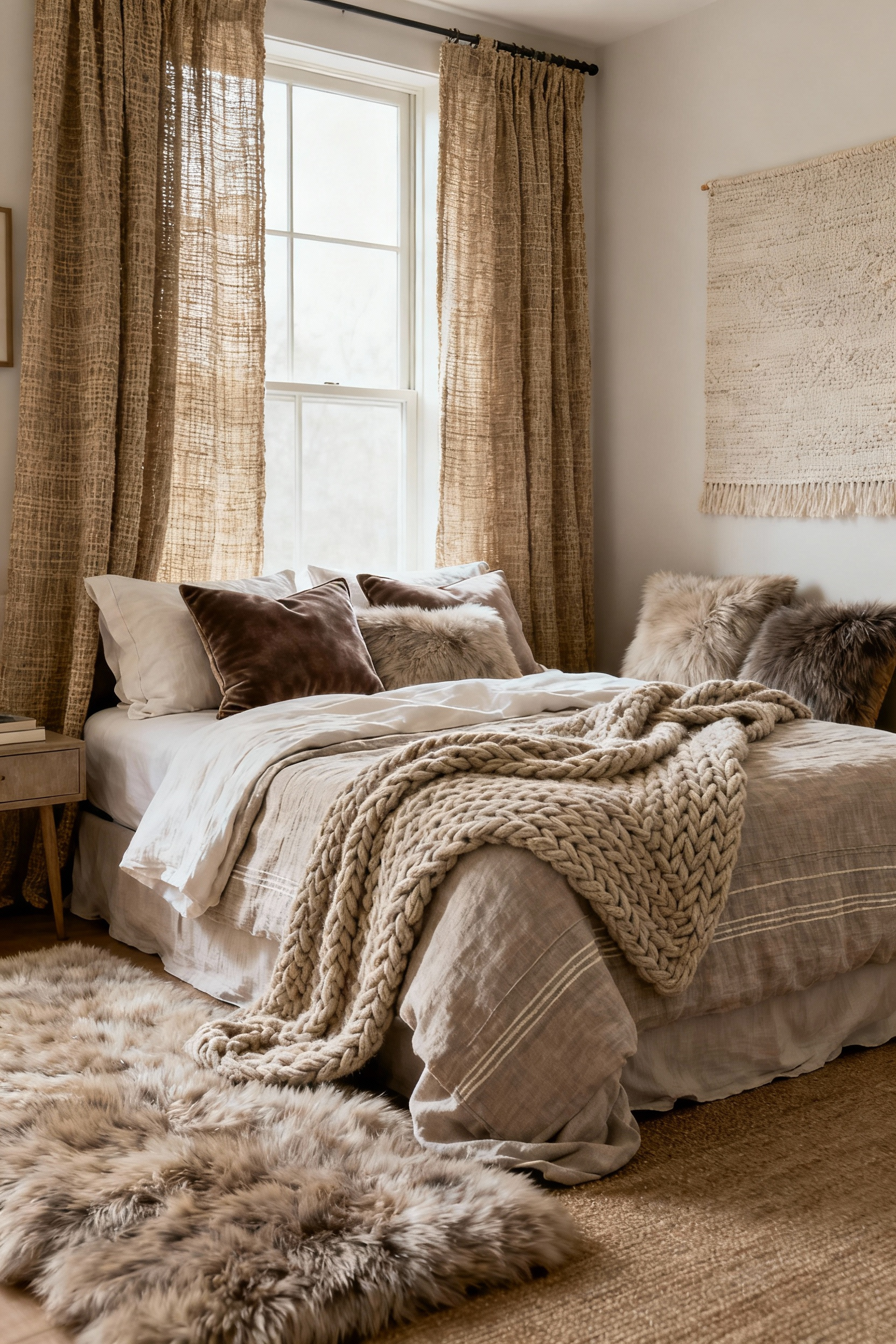A richly textured and layered bedroom featuring a bed with organic linen, a textured duvet, chunky knit throw, velvet pillows, a plush rug, and heavy woven curtains, all contributing to a profoundly cozy and tactile sanctuary with soft natural lighting.