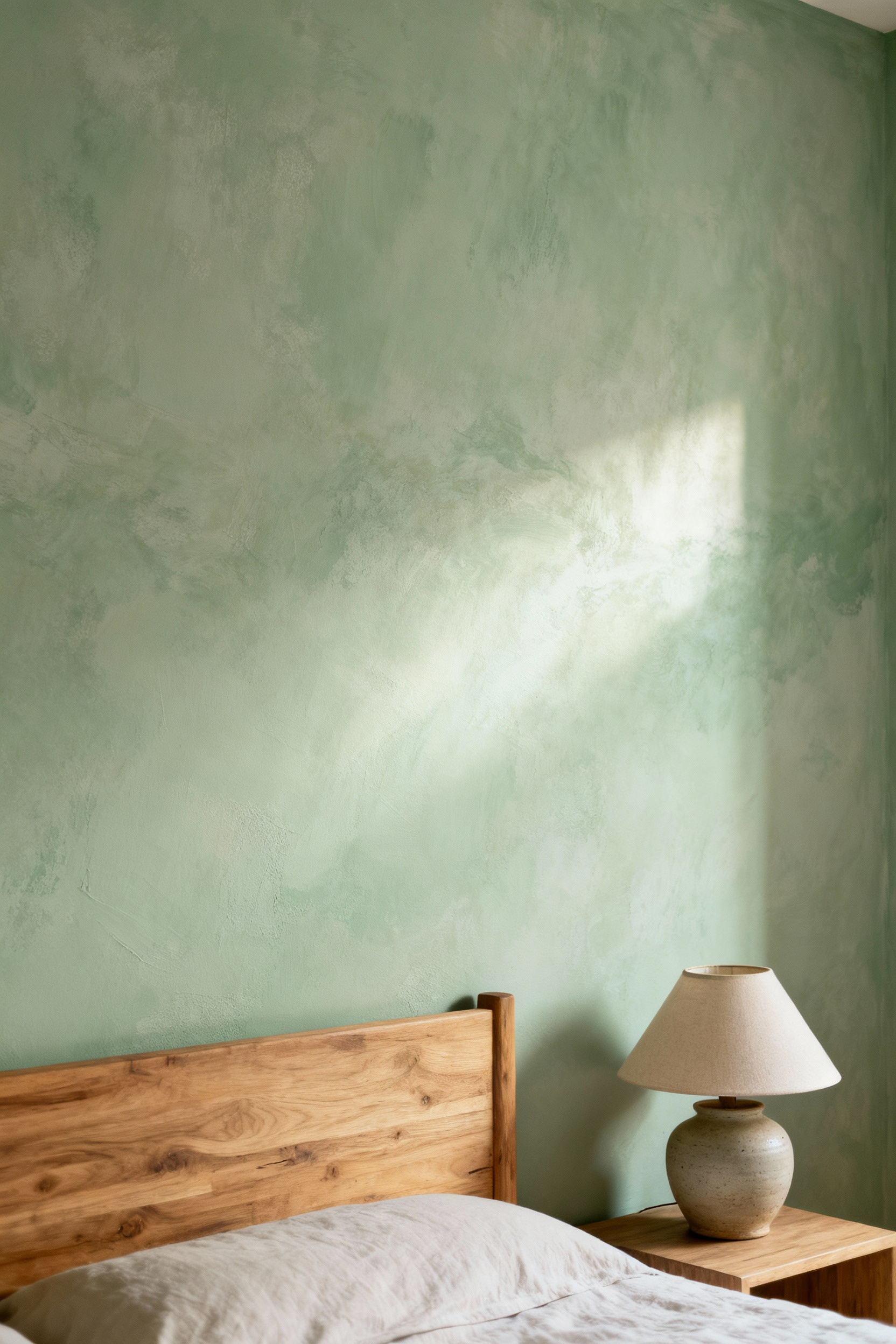 A bedroom wall featuring a soft sage green limewash with subtle texture, illuminated by diffused natural light, creating a visually quiet and cozy ambiance.