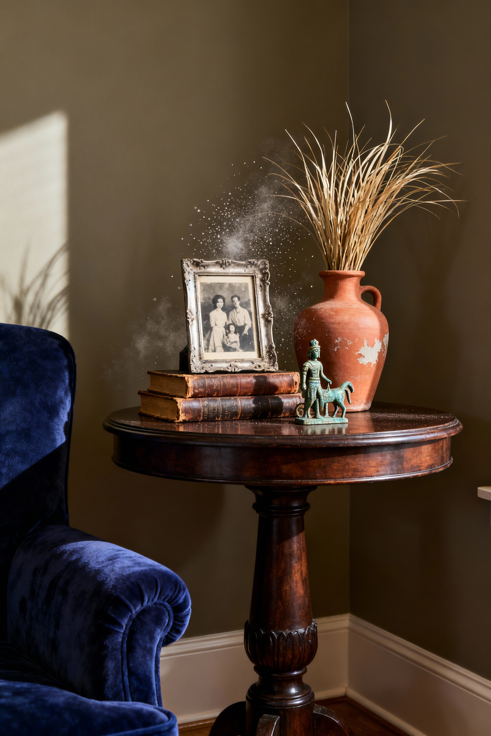 A warm, high-resolution photograph showcasing a curated living room corner featuring a vintage mahogany side table styled with heirloom objects, including a chipped terracotta vase, worn leather books, and a tarnished silver family photo frame.