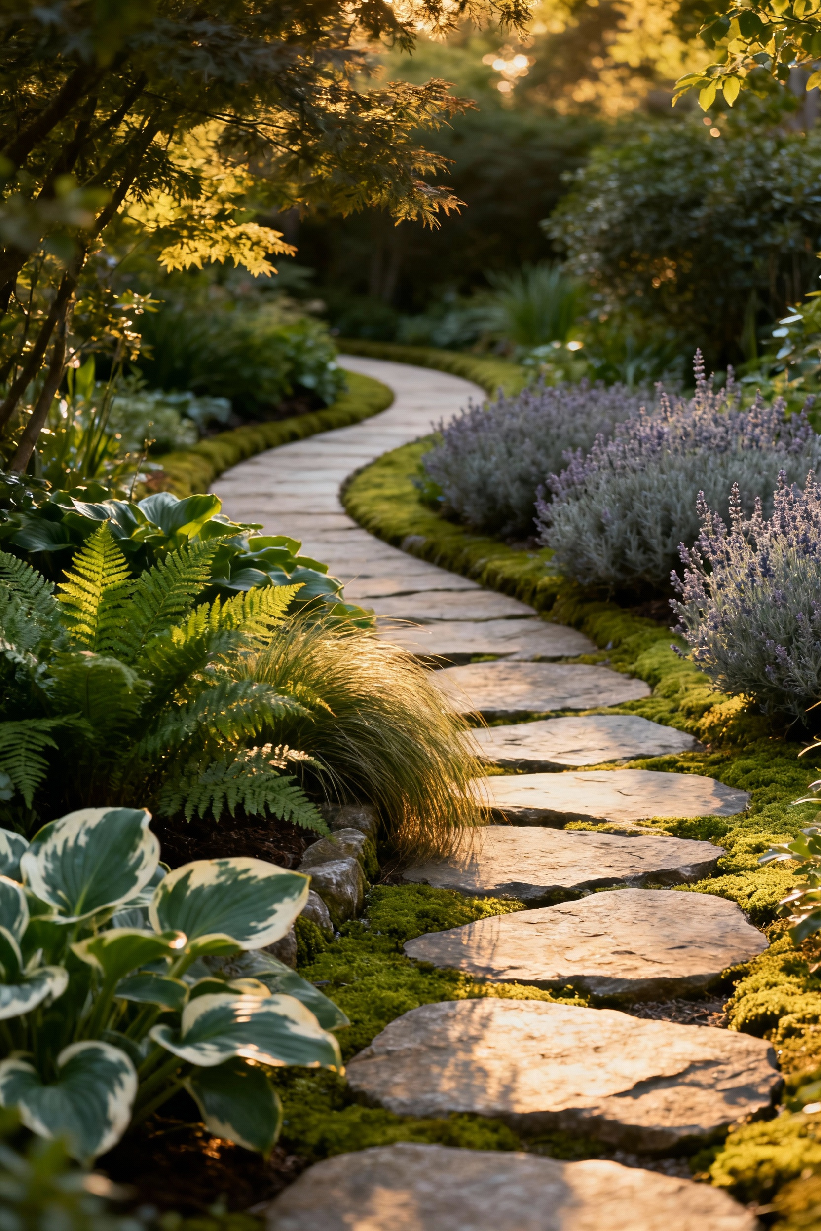 A winding flagstone pathway disappears into a lush, tranquil garden border, illustrating the use of soft geometry to create a mindful backyard design.