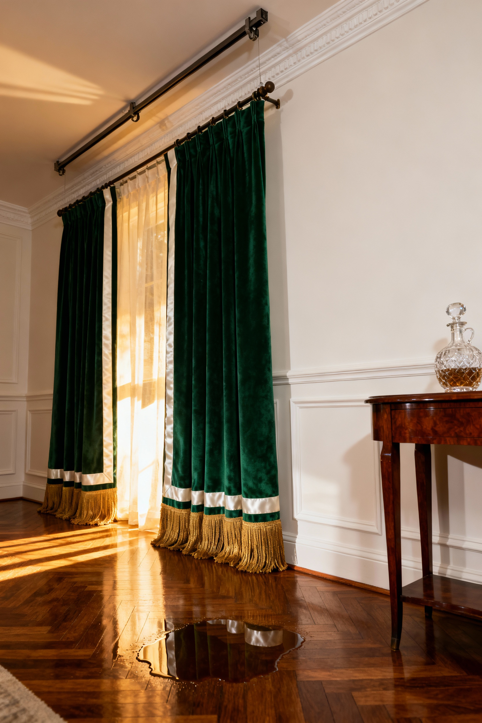A photograph of a luxurious formal living room featuring custom floor-to-ceiling hunter-green velvet drapery accented with ivory contrast piping, dramatically pooling on a polished herringbone wood floor.