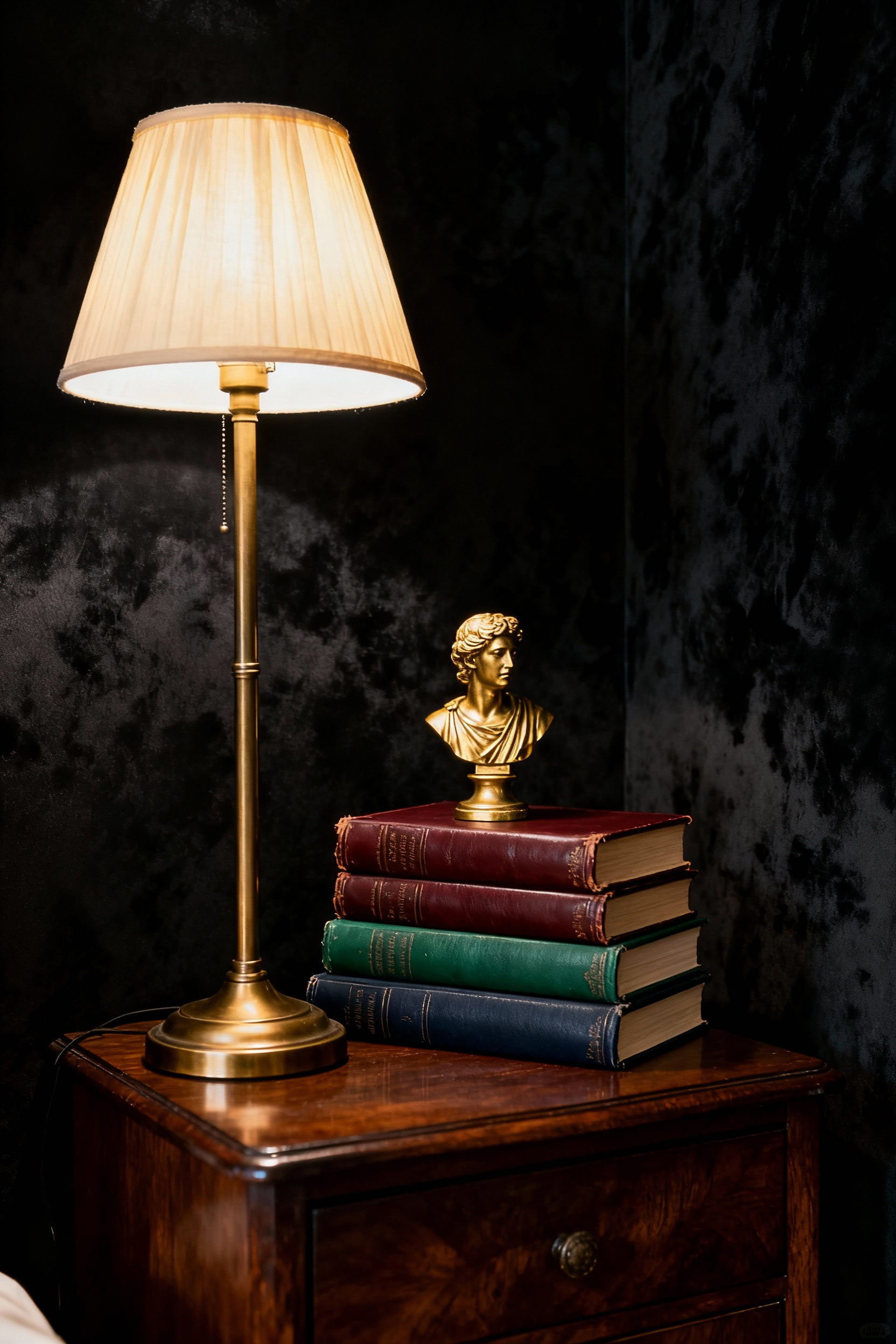 A dark academia bedroom featuring a mahogany nightstand against matte black walls. Three vertical leather-bound books form a pedestal for a small gold bust, illustrating curated styling with gold accents and intentional minimalism.