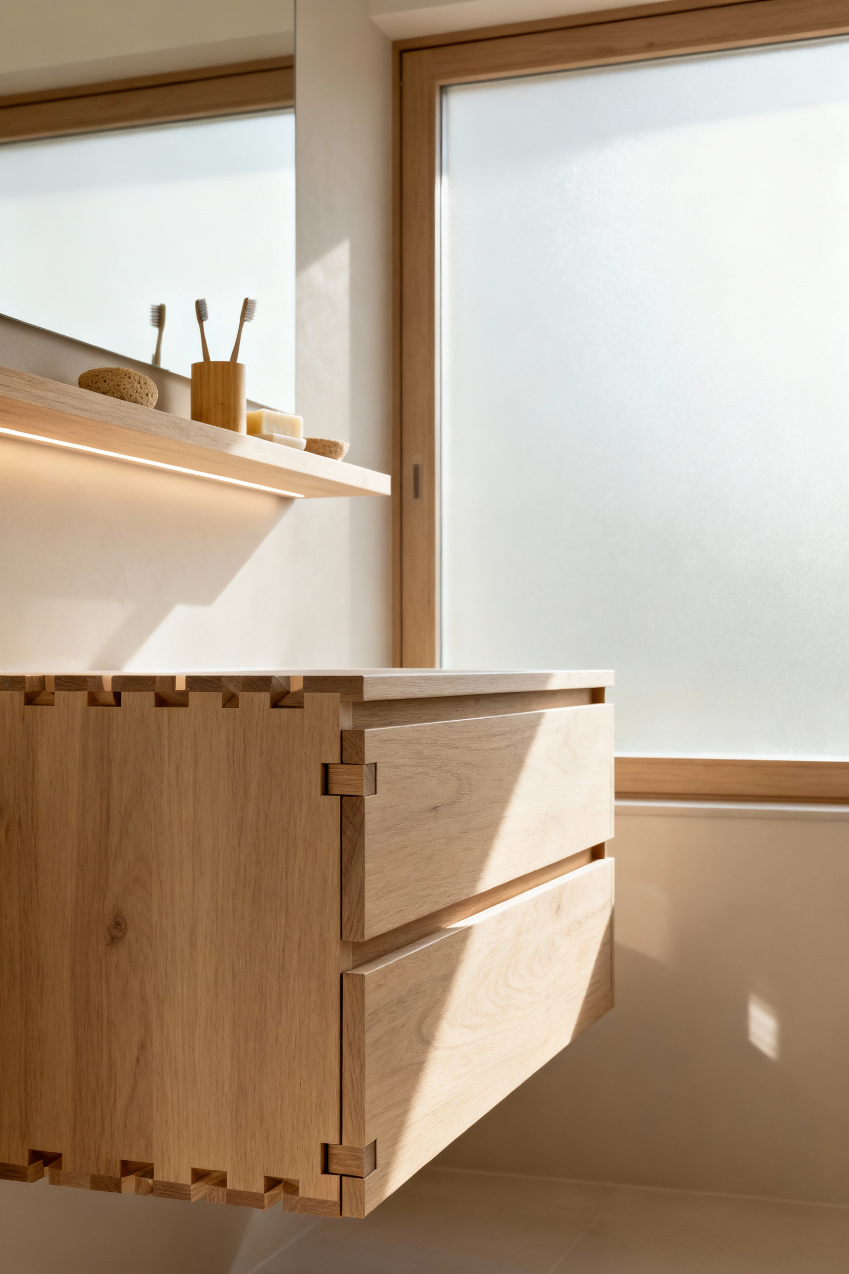 Modern wooden bathroom vanity featuring clear, reversible mechanical joinery designed for easy disassembly and recyclability, illuminated by soft natural light.