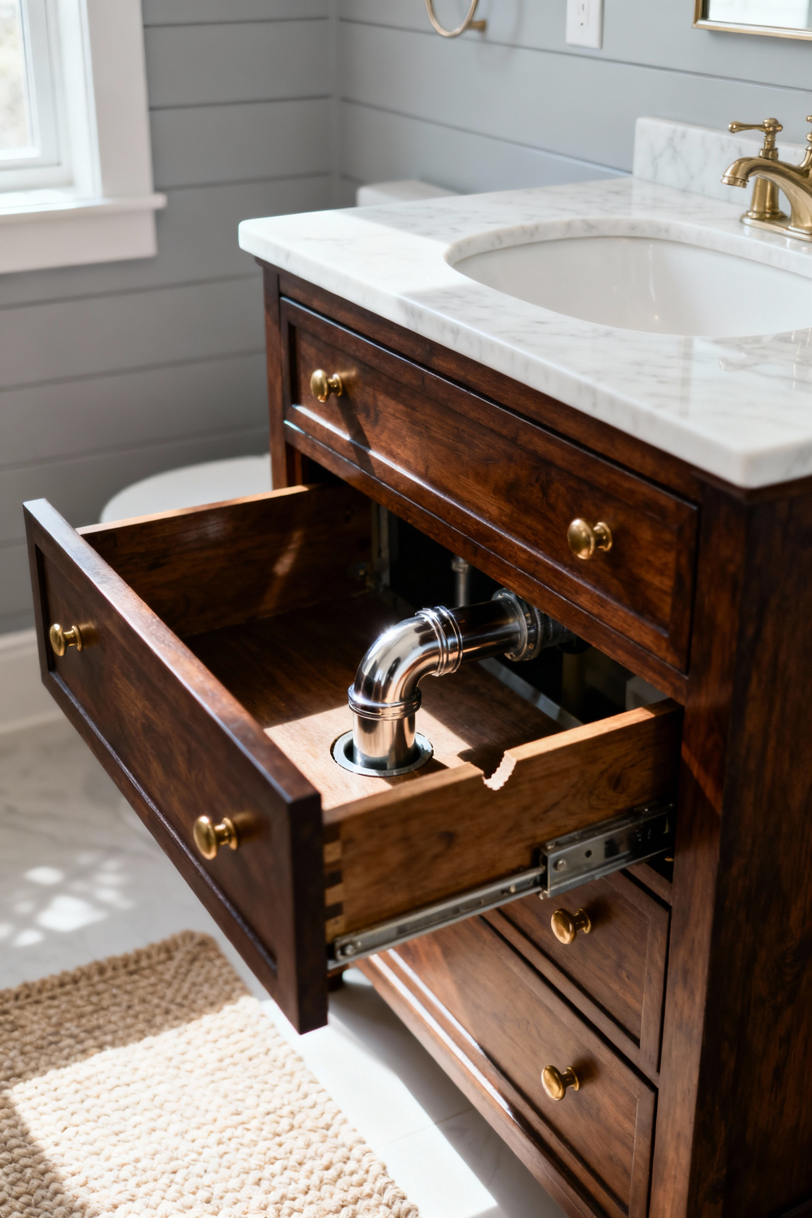 Repurposed vintage dresser functioning as a bathroom vanity with the top drawer pulled open, clearly showing the U-shaped modification cut made into the wood to accommodate the stainless steel P-trap plumbing.