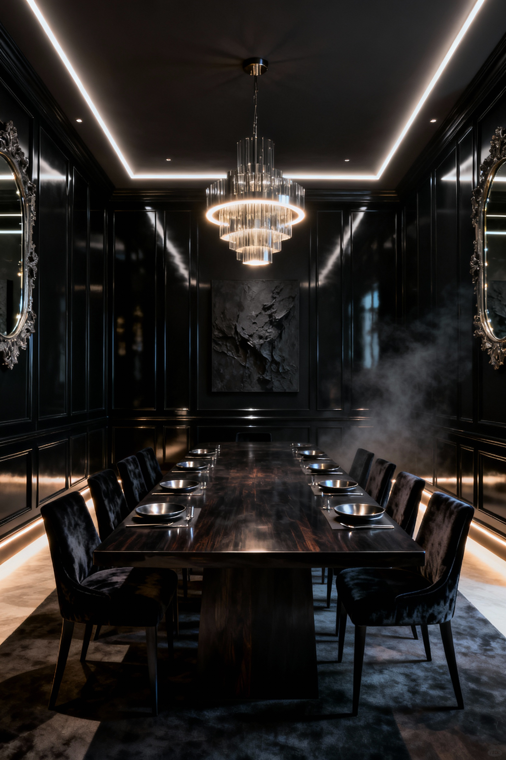 A luxurious and dramatically lit black dining room featuring a long dark timber dining table, velvet chairs, reflective lacquered panels, and sophisticated accent lighting creating a melancholic ambiance.
