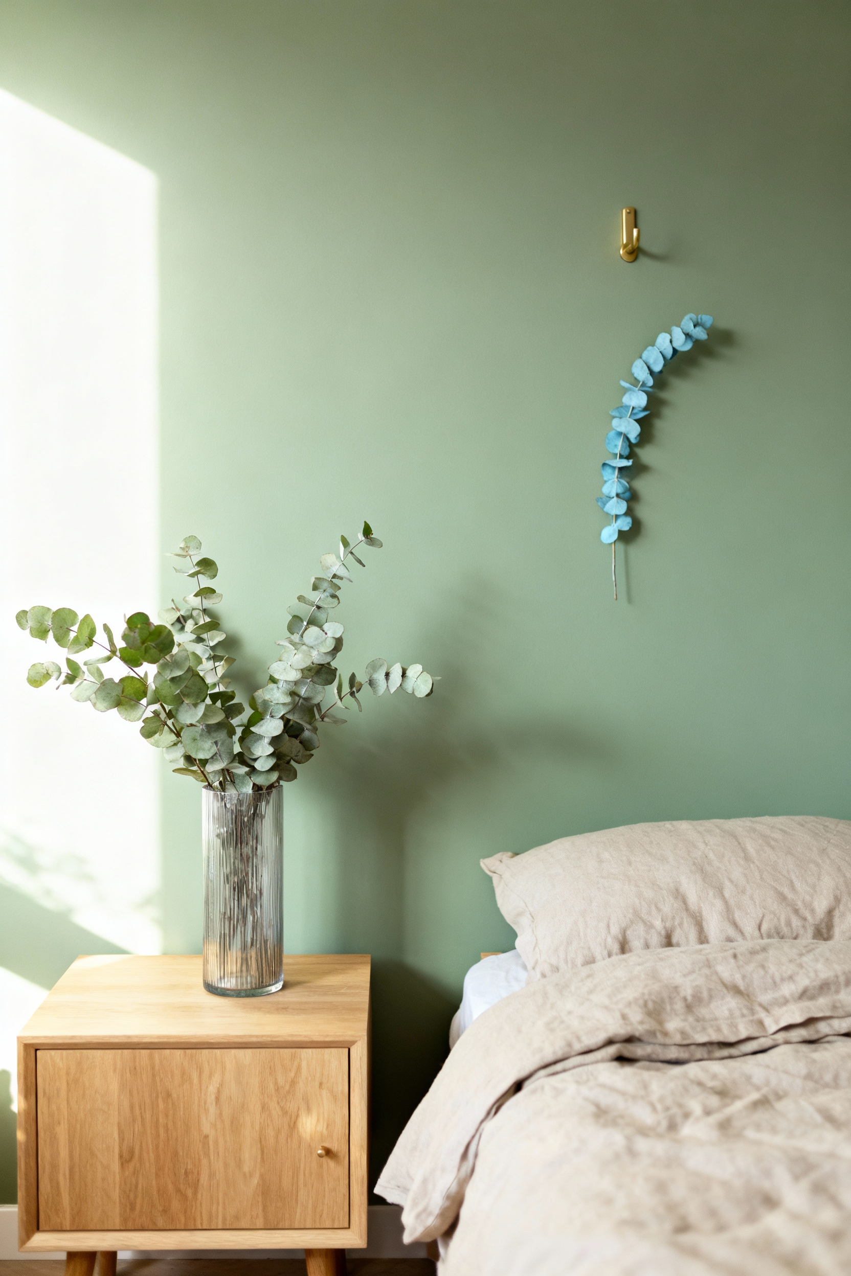 A wide photograph showcasing a minimalist green bedroom with dried eucalyptus installations, featuring Silver Dollar stems in a clear vase on a light wood nightstand and a single Baby Blue stem wall hanging against a sage green wall.