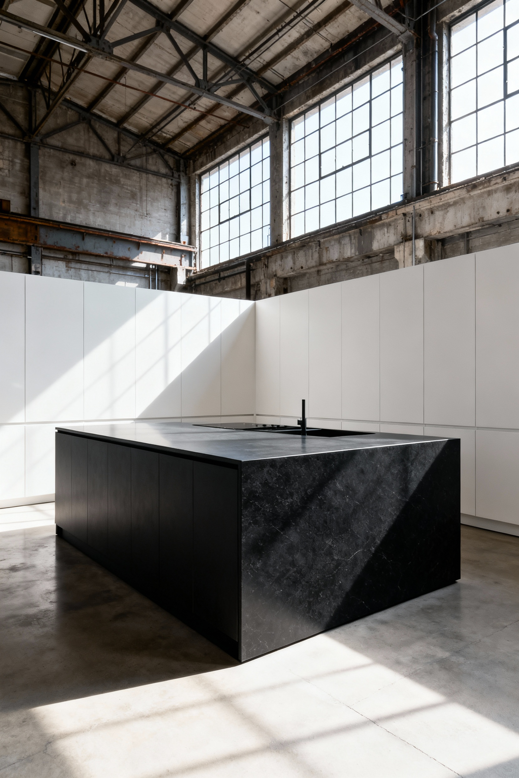 A full view of an open-concept, modern kitchen featuring a dual-tone design. A massive central island finished in deep matte charcoal stands in stark contrast to the surrounding light grey and white perimeter cabinetry and high ceilings, visually anchoring the space.