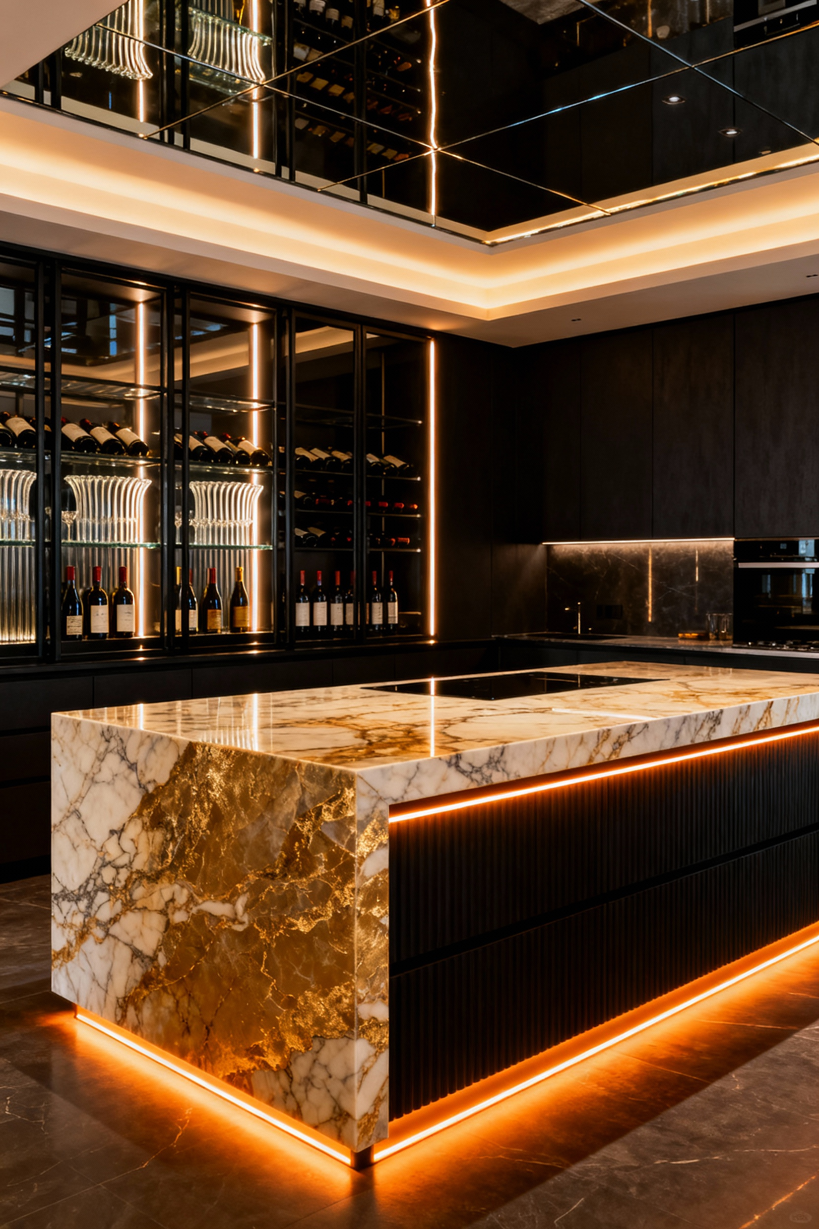 A luxurious modern kitchen with dynamic layered lighting. The central Calacatta Gold marble island glows with warm under-cabinet LEDs, complemented by targeted accent lighting on a blackened steel and fluted glass wine display. Cove lighting provides soft ambient glow. The scene highlights rich textures and architectural details through a carefully curated illumination narrative.