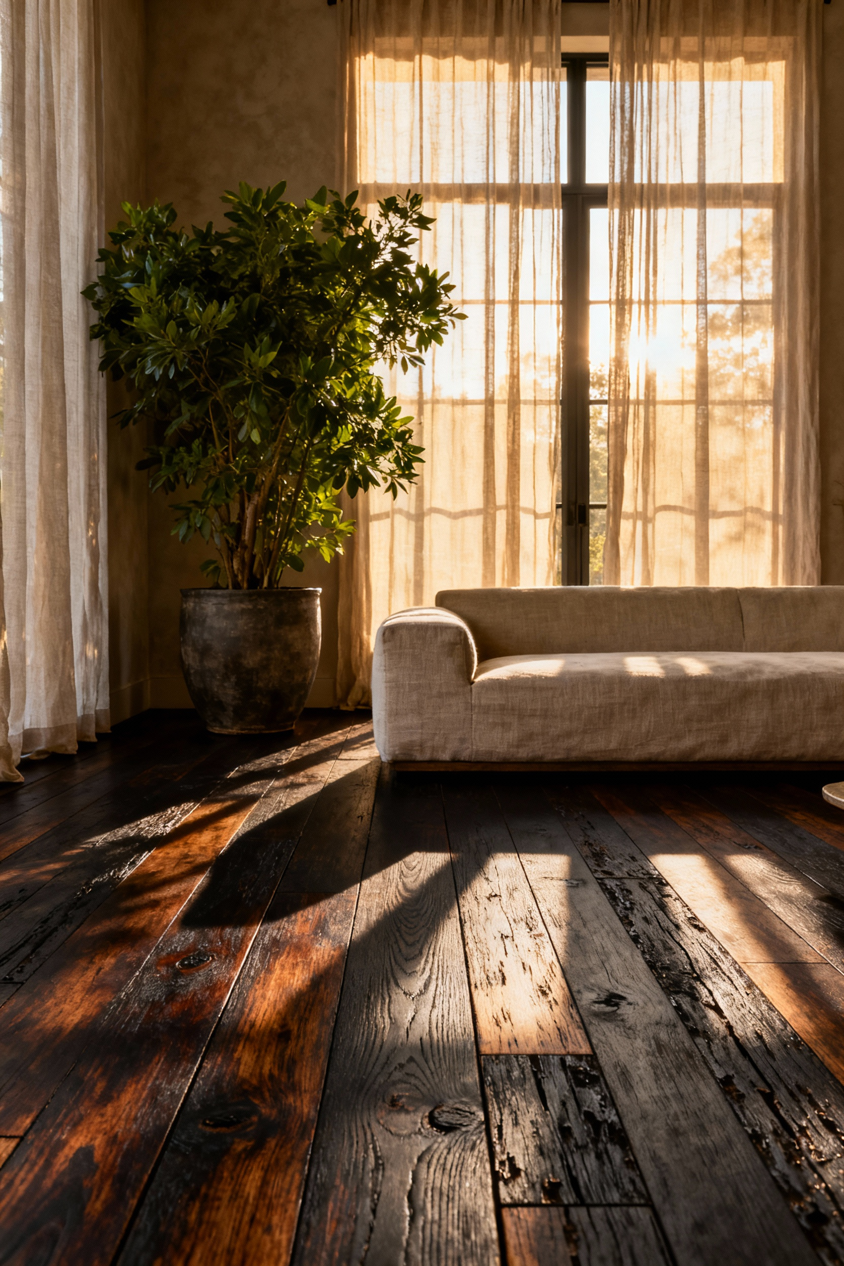 Wide view of a modern living room featuring rich, deeply ebonized wide-plank oak flooring achieved through non-toxic chemical staining, showcasing a unique variable charcoal patina.