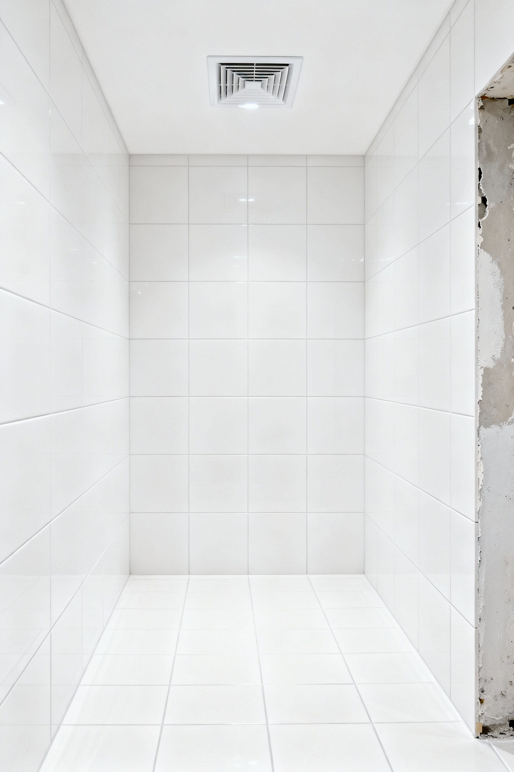 White tiled bathroom showing pristine wall and floor with a modern ventilation fan, highlighting effective moisture barriers and efflorescence prevention.