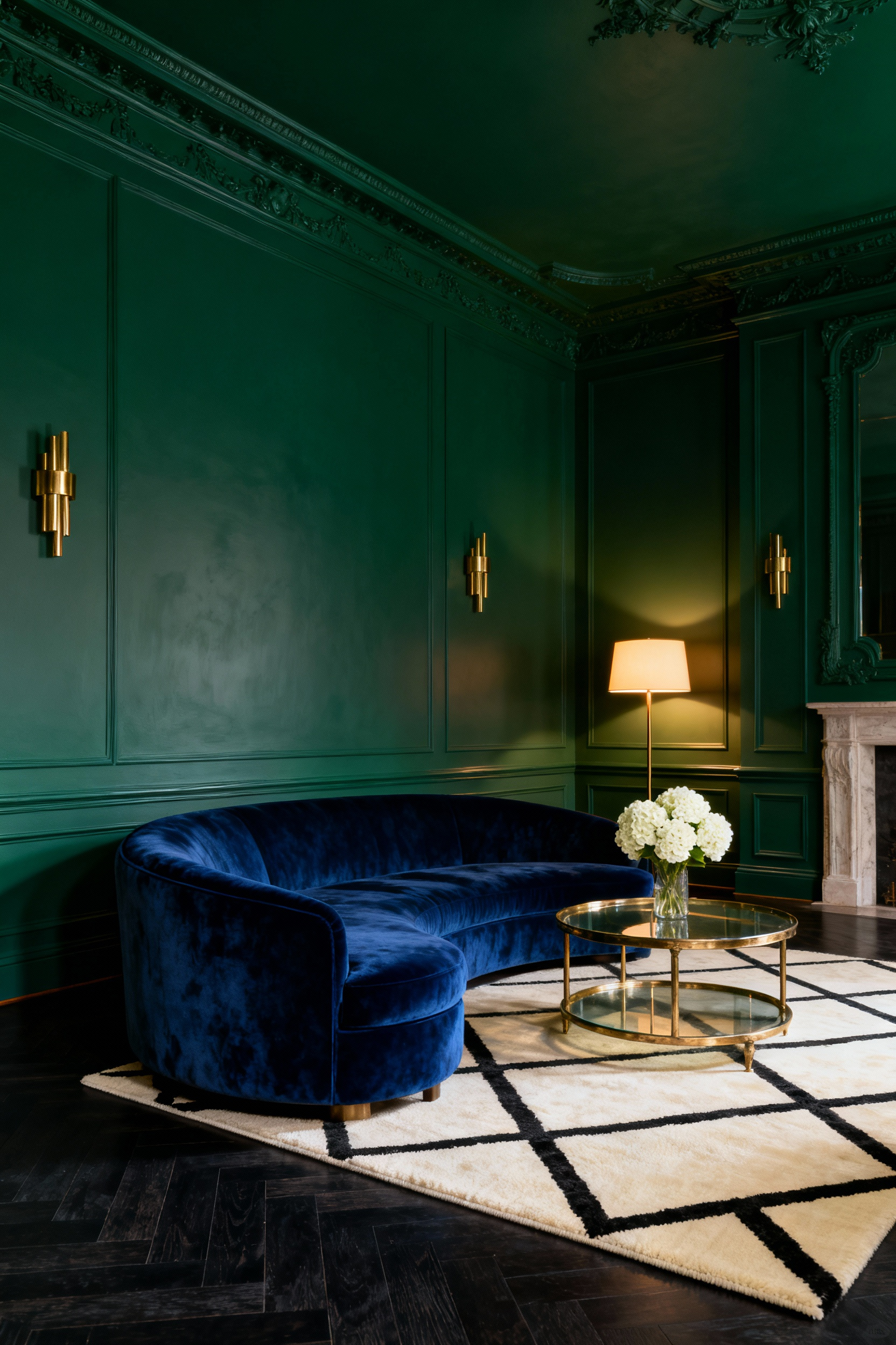 A formal living room entirely color drenched in deep emerald green paint, covering the walls, trim, and ceiling, creating an intimate jewel box aesthetic with a contrasting sapphire velvet sofa and polished brass decor.