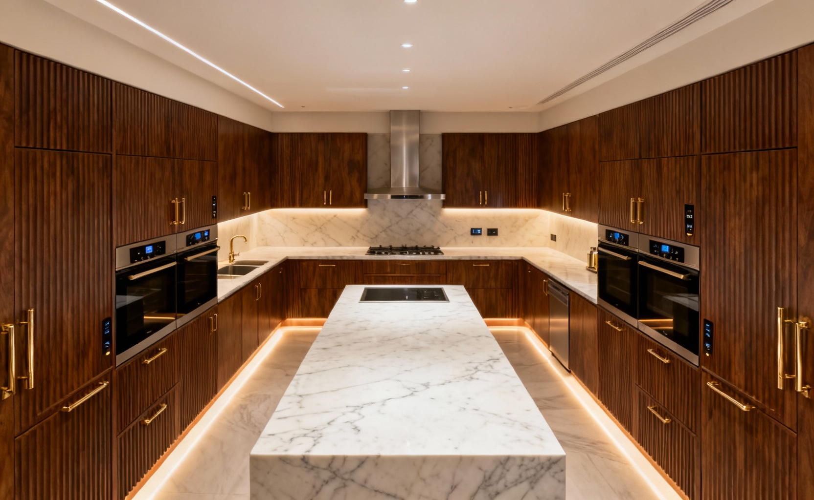 Modern luxury kitchen with ergonomic design, featuring a honed Calacatta marble island, fluted walnut cabinetry, integrated appliances, and brushed brass accents for seamless culinary flow.