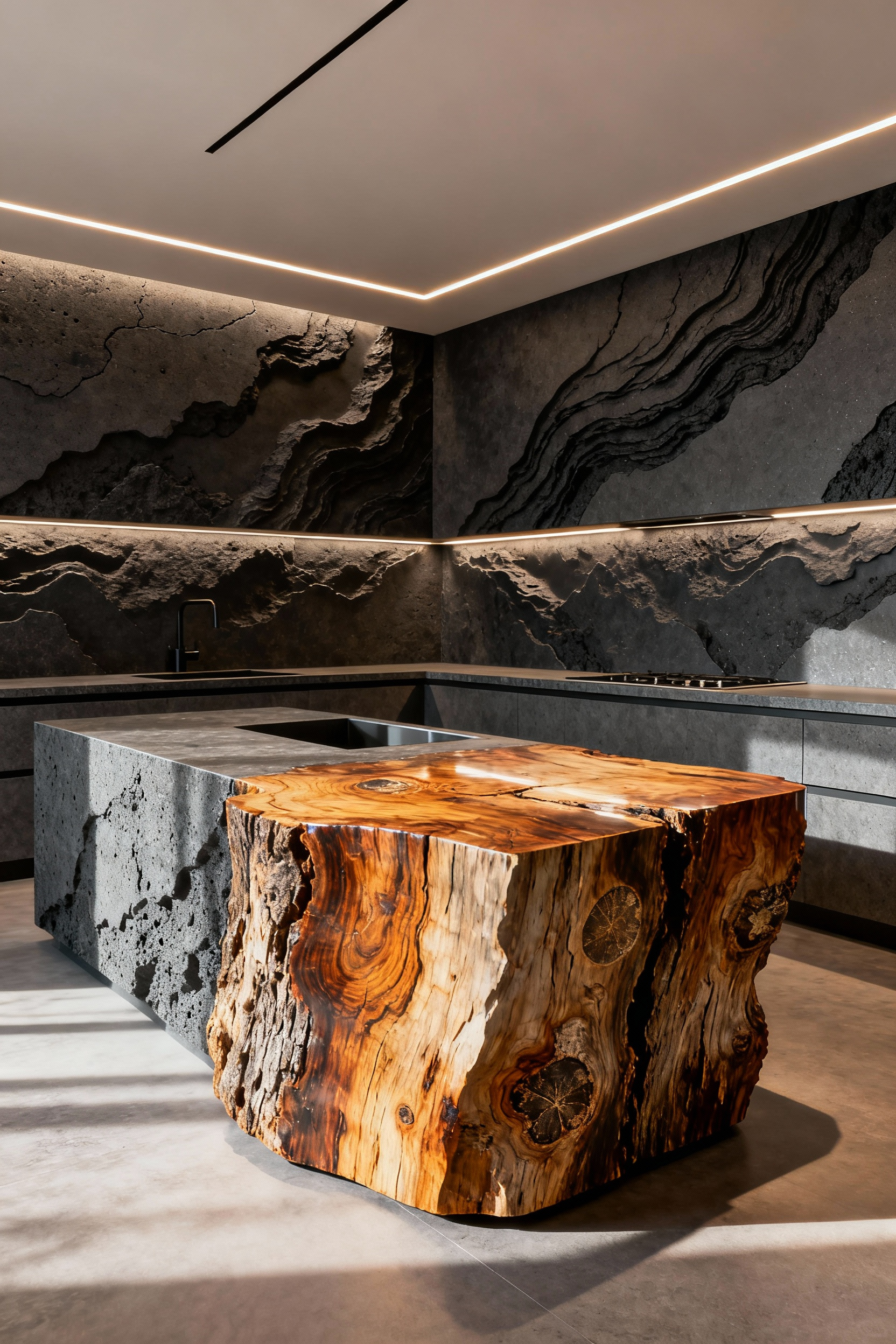 Modern luxury kitchen featuring a statement island made from highly polished petrified wood and elegant textured sintered stone countertops. Integrated lighting highlights the exotic surface topographies and unique material textures. No people are in the image, professional architectural photography style.