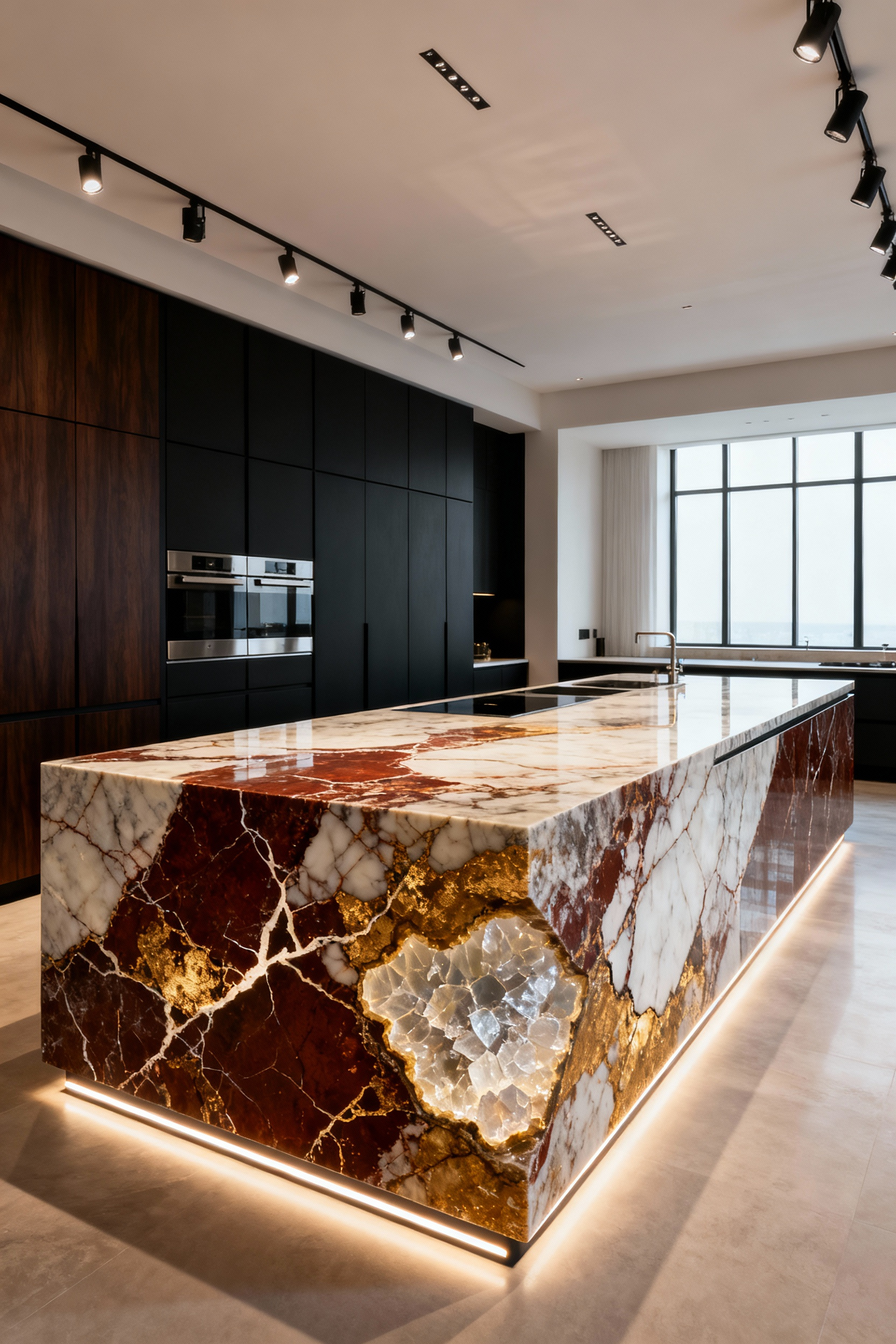 A luxury kitchen interior featuring a monolithic island countertop made of exotic Patagonia quartzite, showcasing dramatic, complex veining and crystalline translucency, positioning the Level 5 stone surface as a geological masterpiece.