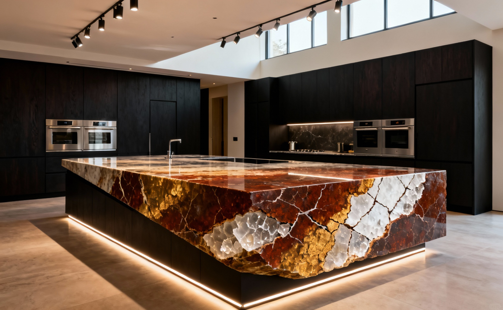 A luxury kitchen interior featuring a monolithic island countertop made of exotic Patagonia quartzite, showcasing dramatic, complex veining and crystalline translucency, positioning the Level 5 stone surface as a geological masterpiece.