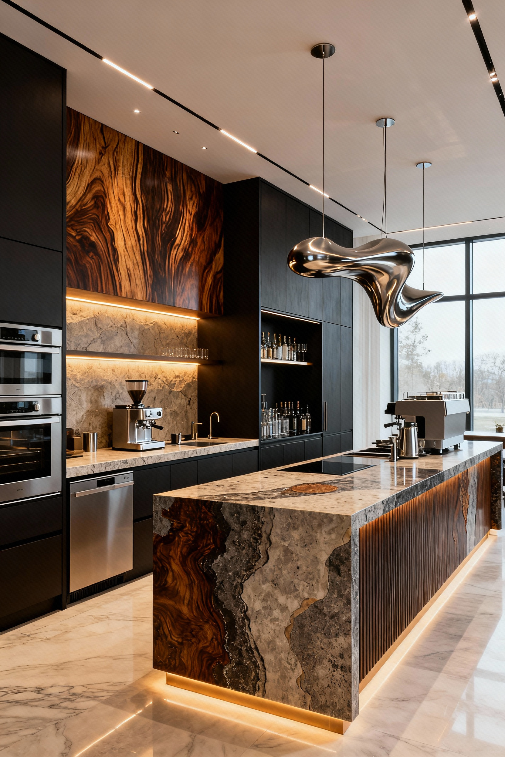 A luxurious modern kitchen showcasing experiential zonation, with a clearly defined coffee station, a wet bar area, and a baking studio, each subtly delineated by distinct materials, lighting, and architectural features, yet unified by a sophisticated design aesthetic.