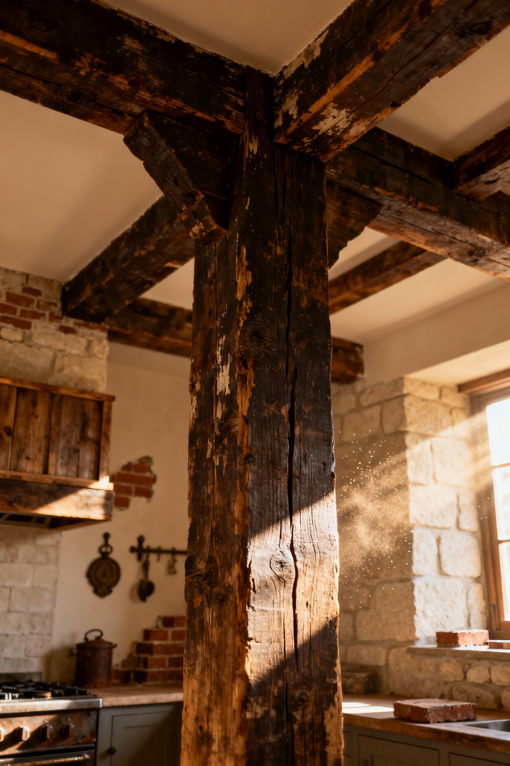Low-angle view of a kitchen structure showing heavy, exposed reclaimed wooden beams and structural joists, emphasizing the historical character (scars and stories) of the rustic architecture.