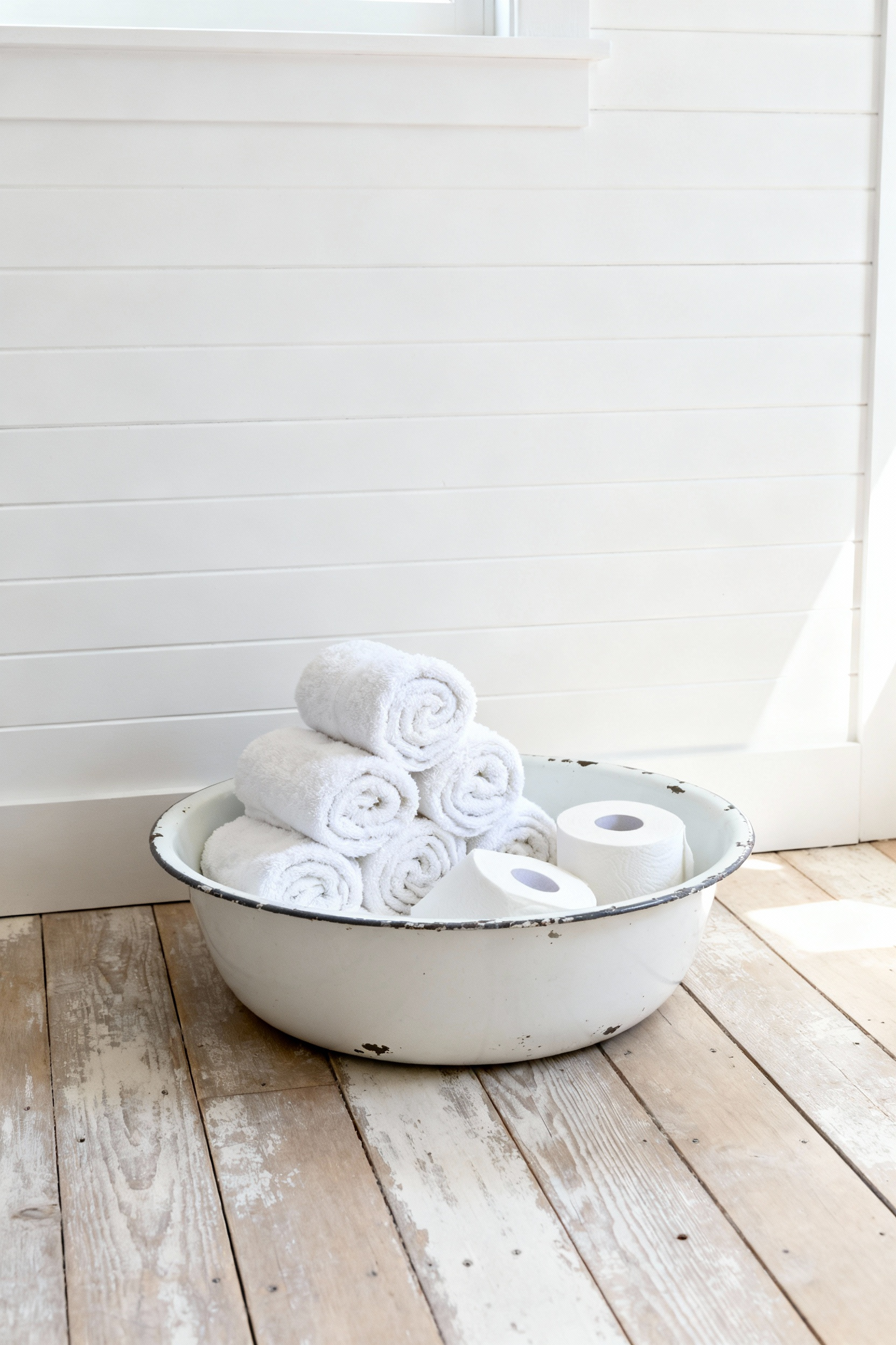Large white enamel basin repurposed as rustic storage for rolled white towels and toilet paper in a bright country farmhouse bathroom setting.
