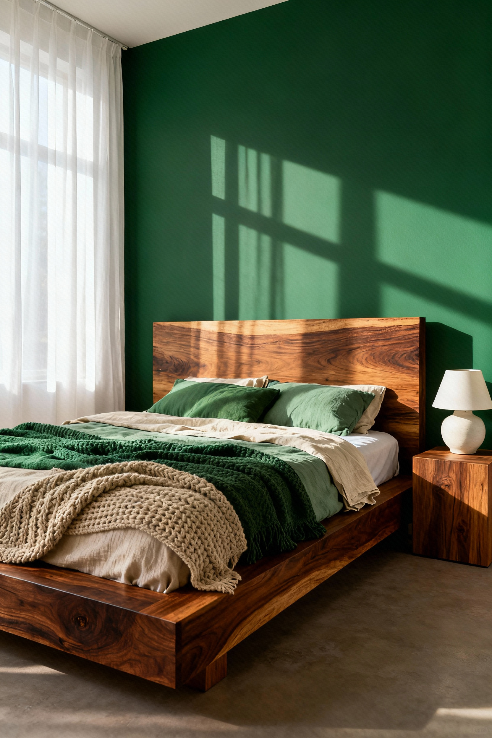 A photograph of a green bedroom aesthetic featuring a substantial raw walnut bed frame and headboard grounding the moss green bedding and deep forest green wall, embodying the Feng Shui wood element.