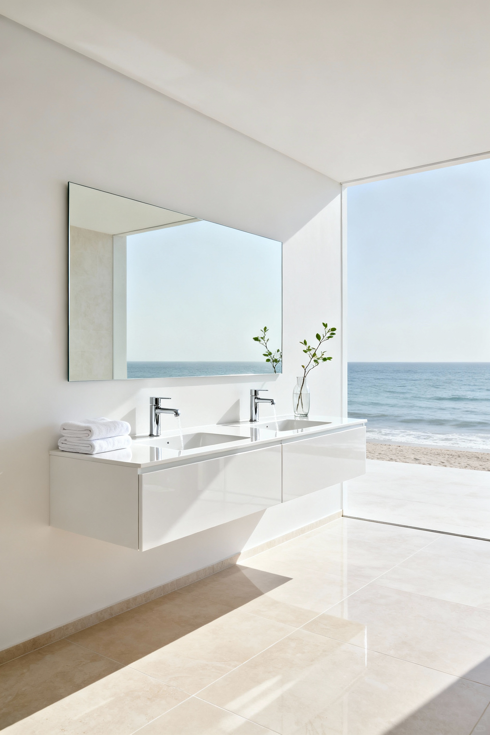 A modern, minimalist bathroom featuring a large, floating white double vanity mounted against a matching white wall. The uninterrupted pale gray floor beneath the vanity emphasizes visual spaciousness and breeziness, adhering to coastal spa aesthetics.
