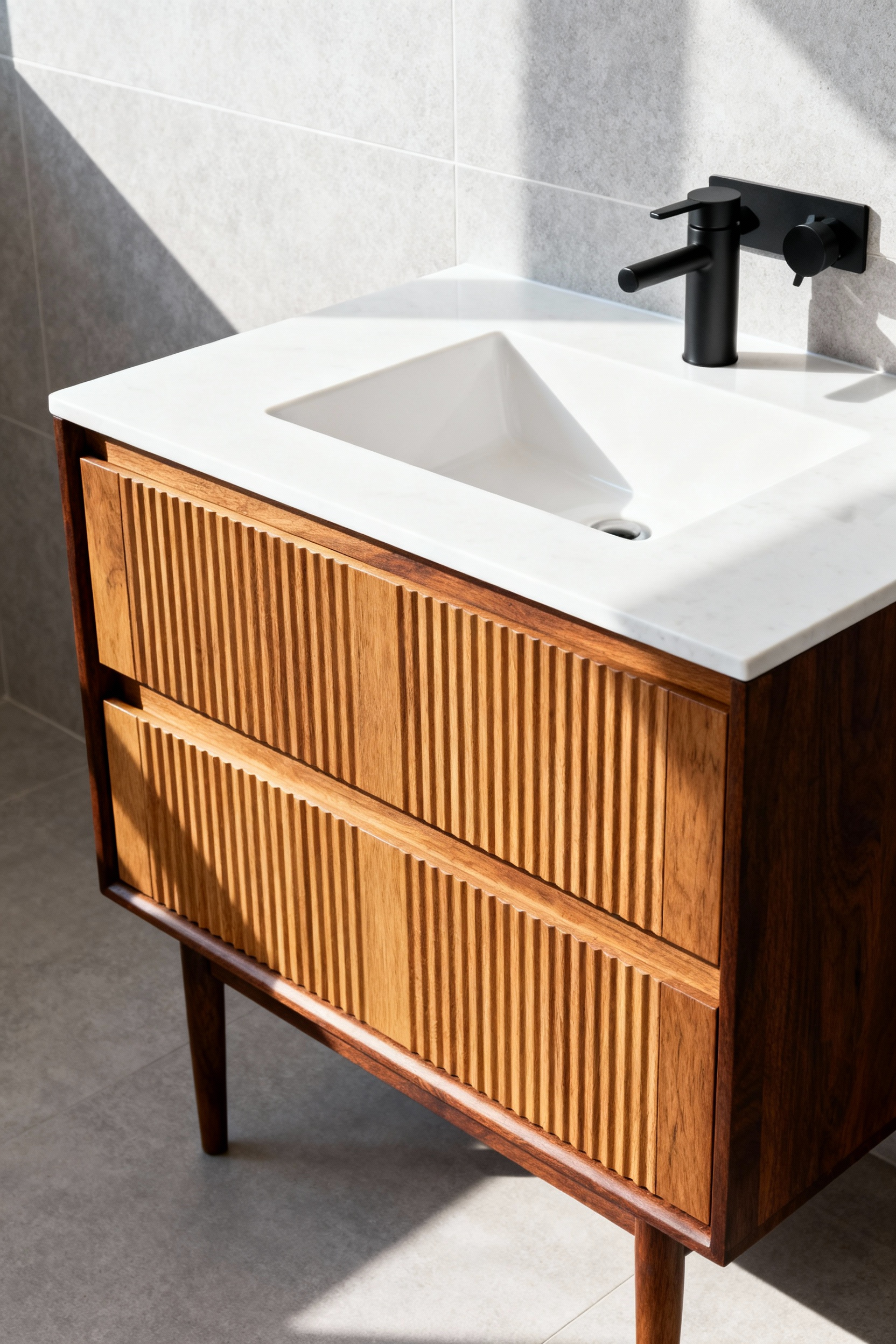 A refinished mid-century bathroom vanity featuring sleek fluted oak drawer fronts, a dark wood carcass, and a white quartz countertop, illustrating a sustainable structural makeover using basic carpentry skills.