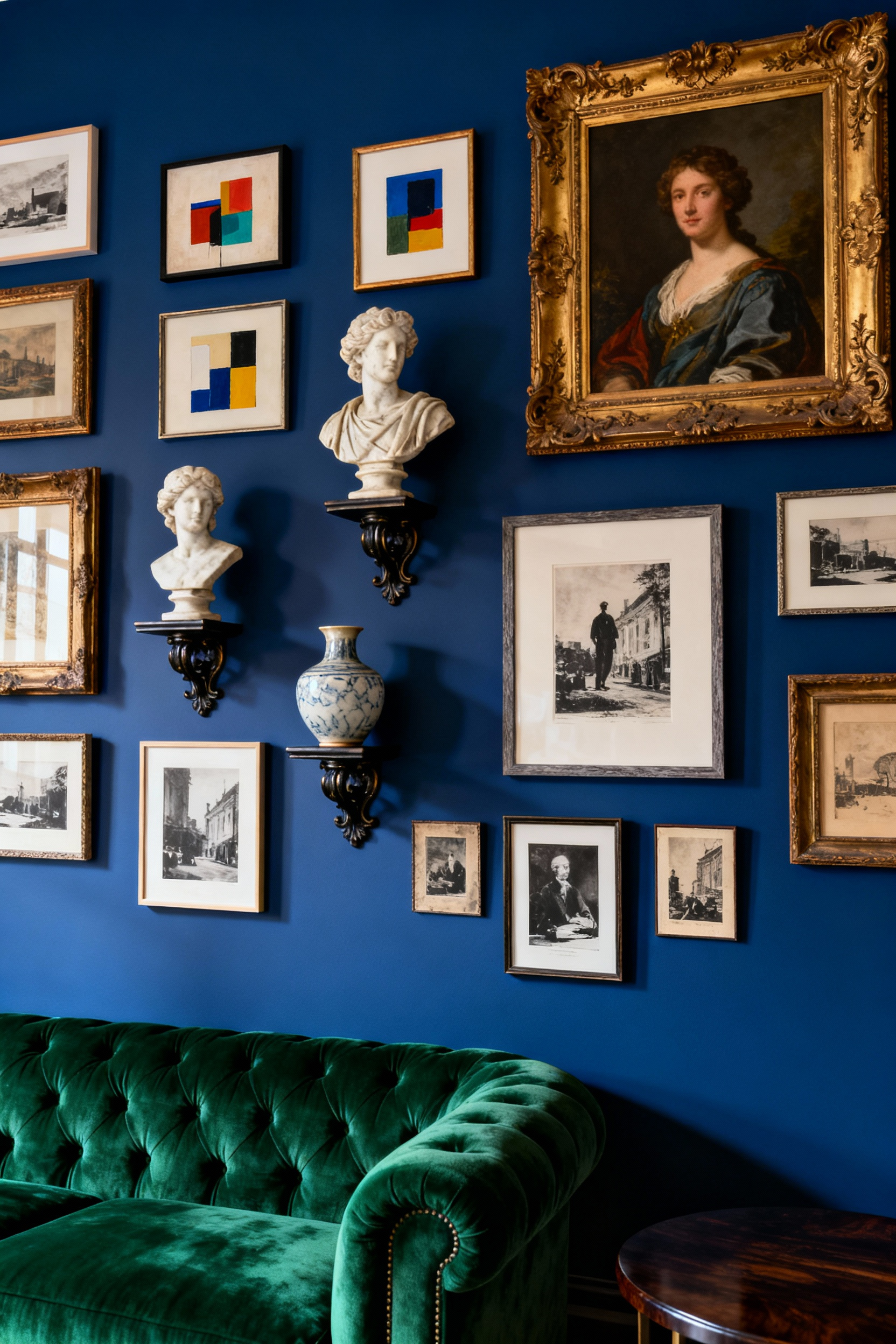 Opulent, formal living room featuring a dramatic, floor-to-ceiling salon-style gallery wall. The asymmetrical display incorporates framed art, textile hangings, and decorative wall brackets holding small sculptures, adding a three-dimensional, curated effect to the deep blue wall.