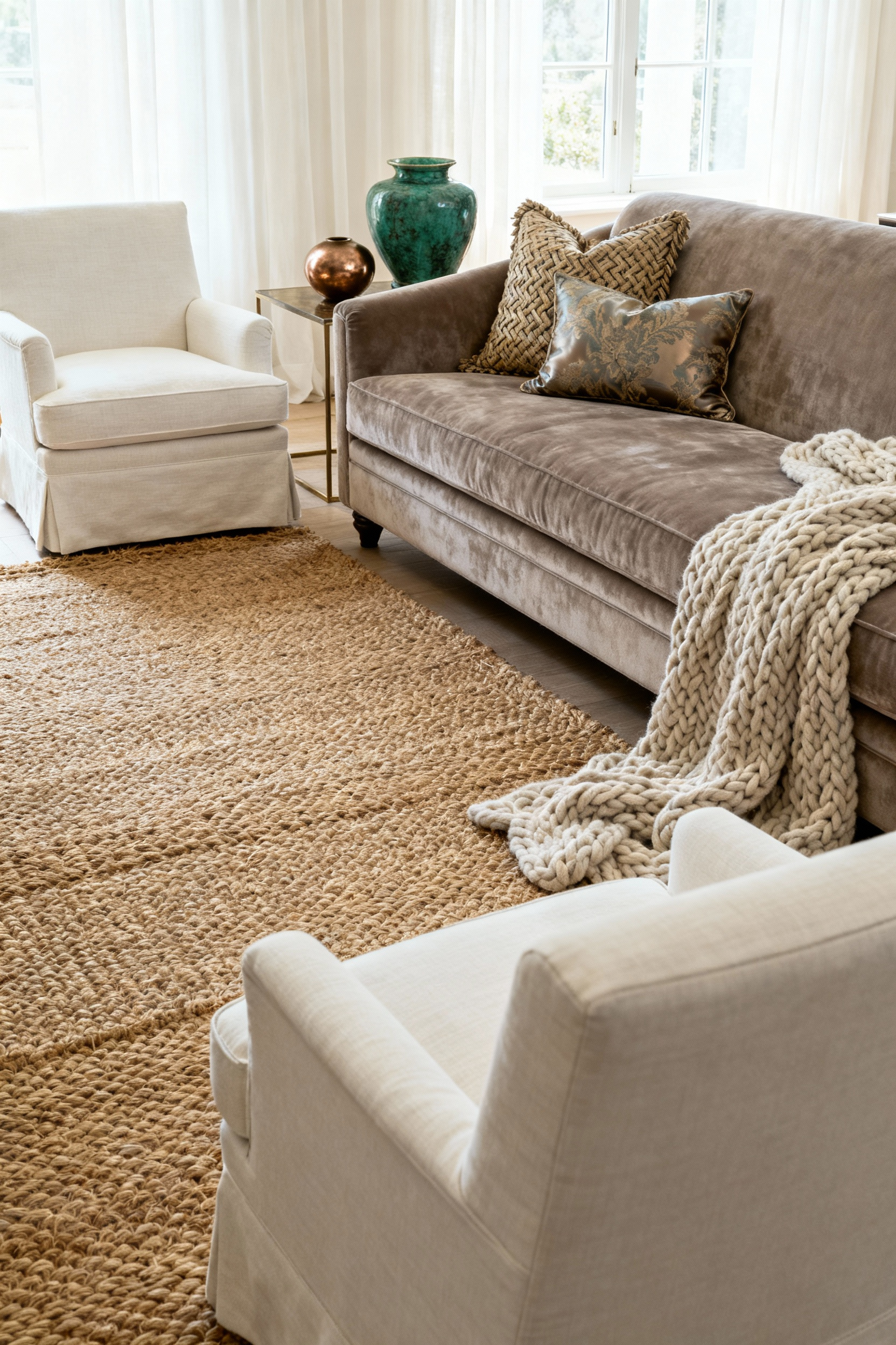 A formal, neutral living room featuring a taupe velvet sofa and ivory linen armchairs, showcasing the luxurious layering of multiple distinct textures including polished bronze, thick knit wool, and a chunky sisal rug.