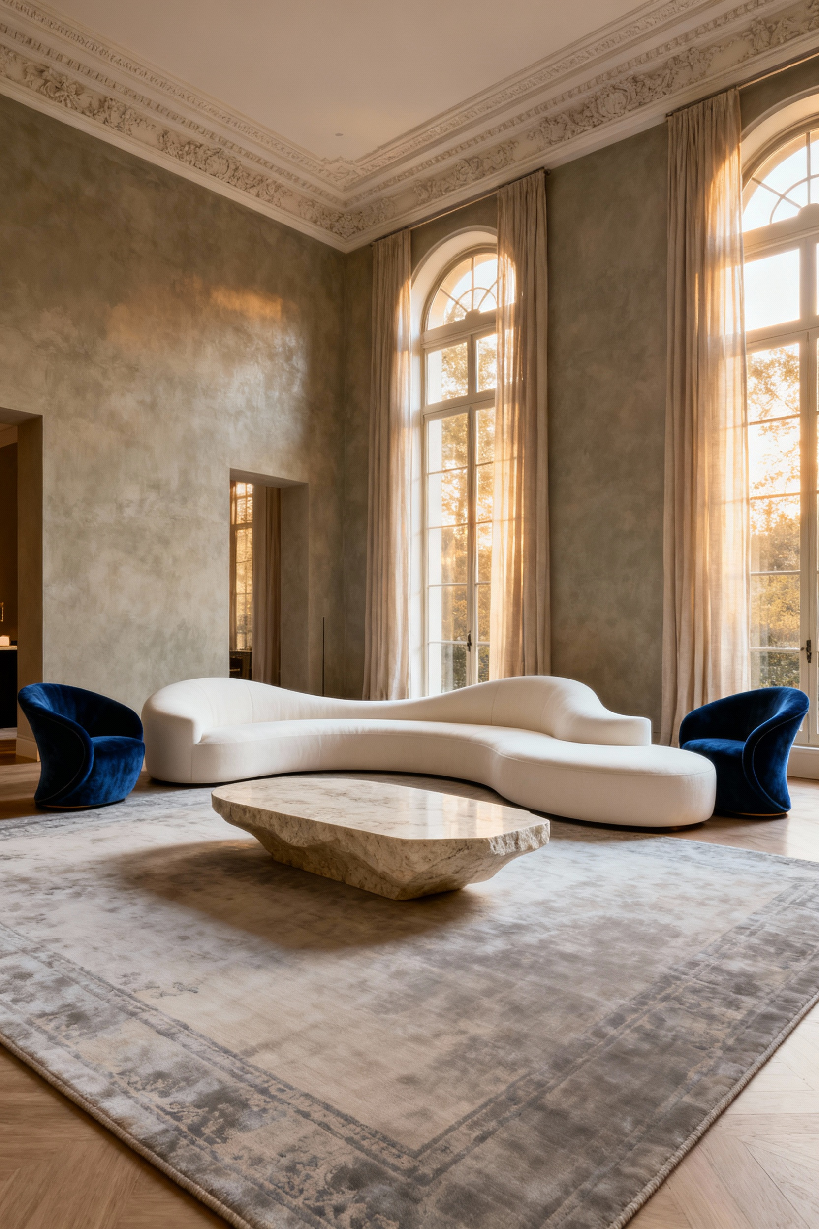A luxurious, transitional formal living room featuring a large, creamy white serpentine sofa intentionally floated in the center of the space on a pale gray rug, accented by a sculptural travertine coffee table, illustrating the design principle of curvilinear furniture defining flow and conversation.