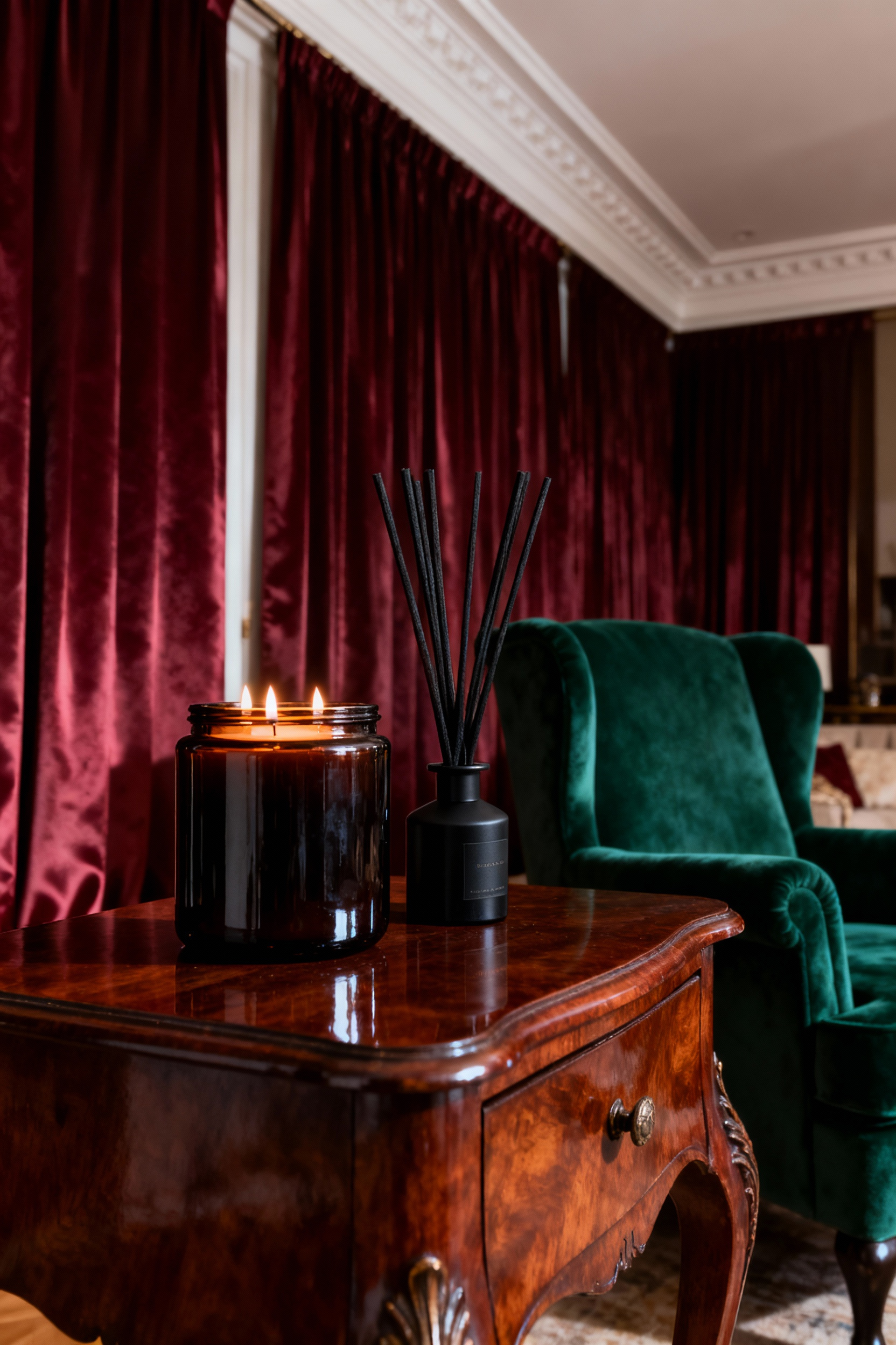 A photograph of a formal living room featuring a rich mahogany side table displaying a large, unlit heavy wax candle and a black reed diffuser, symbolizing the room’s sophisticated scent profile.