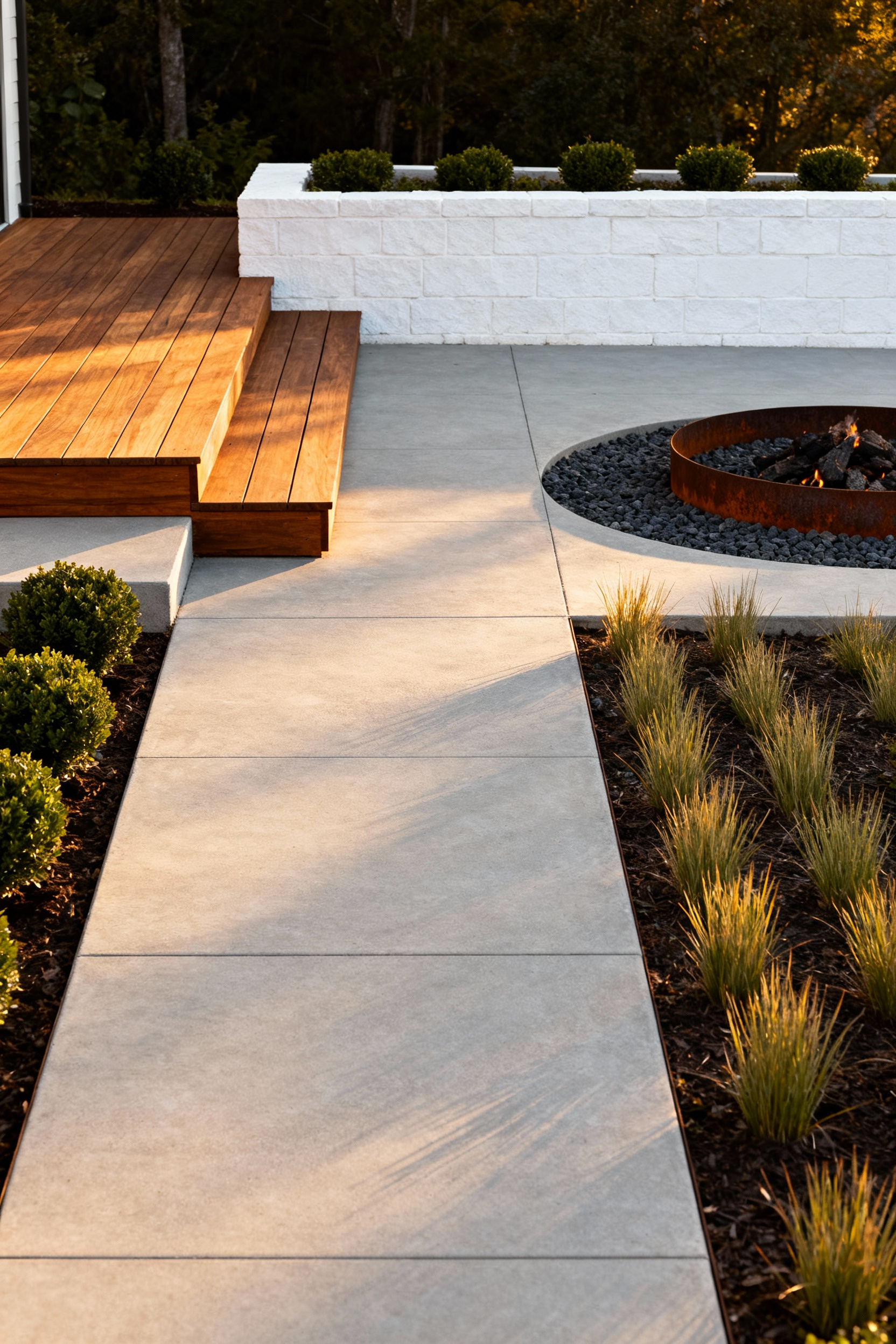 Architectural photograph of a modern backyard showcasing structured foundational design. Distinct zones—raised deck, concrete patio, and sunken fire pit—are connected by clear, intuitive pathways, emphasizing the skeletal structure of the landscape prior to extensive planting.