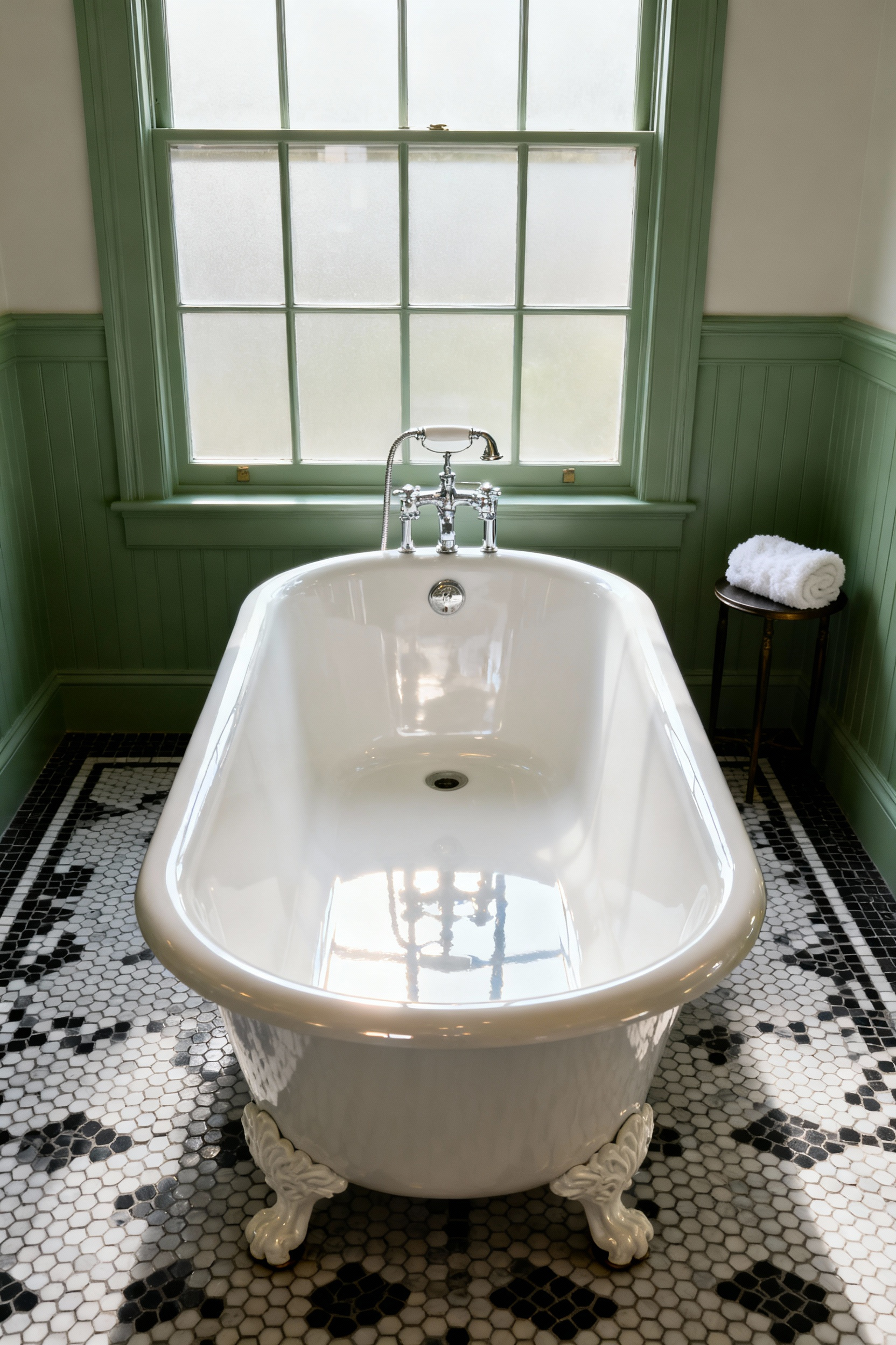 An elegant traditional bathroom showcasing a classic white cast iron clawfoot freestanding tub with a polished nickel bridge faucet. The room features heritage green wainscoting, black and white mosaic floor tiles, and abundant natural light from a large window. No people are present.