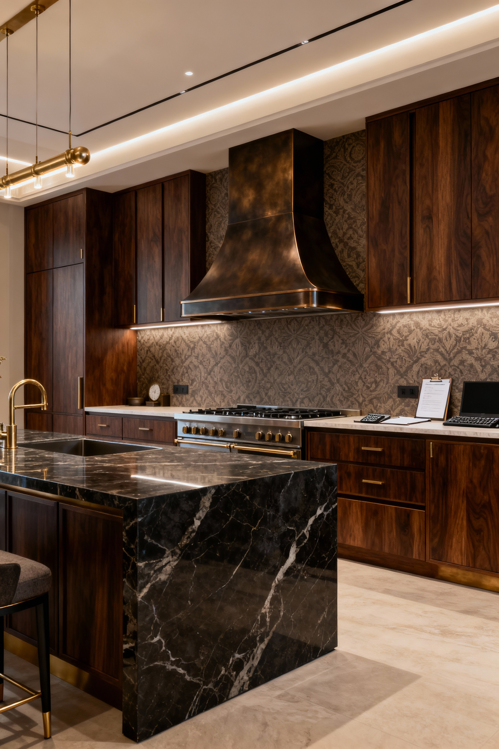 A professional photo of a modern luxury kitchen, emphasizing future-proof and timeless design with dark natural stone, bespoke dark wood cabinetry, and elegant brass accents, showcasing long-term durability and aesthetic relevance.