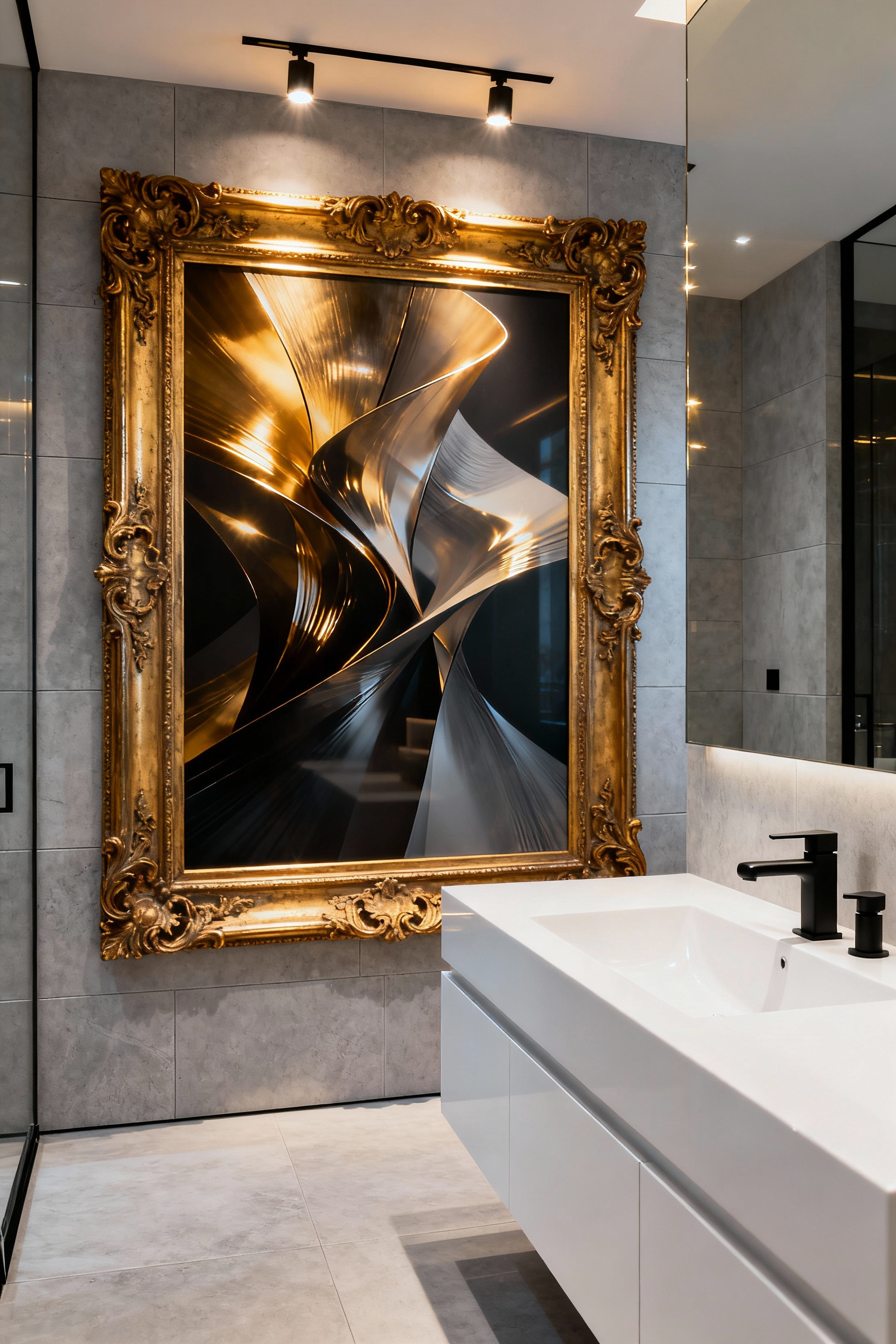 A large ornate gold gilded frame holding modern abstract photography hangs over a sleek white floating vanity in a minimalist luxury bathroom.