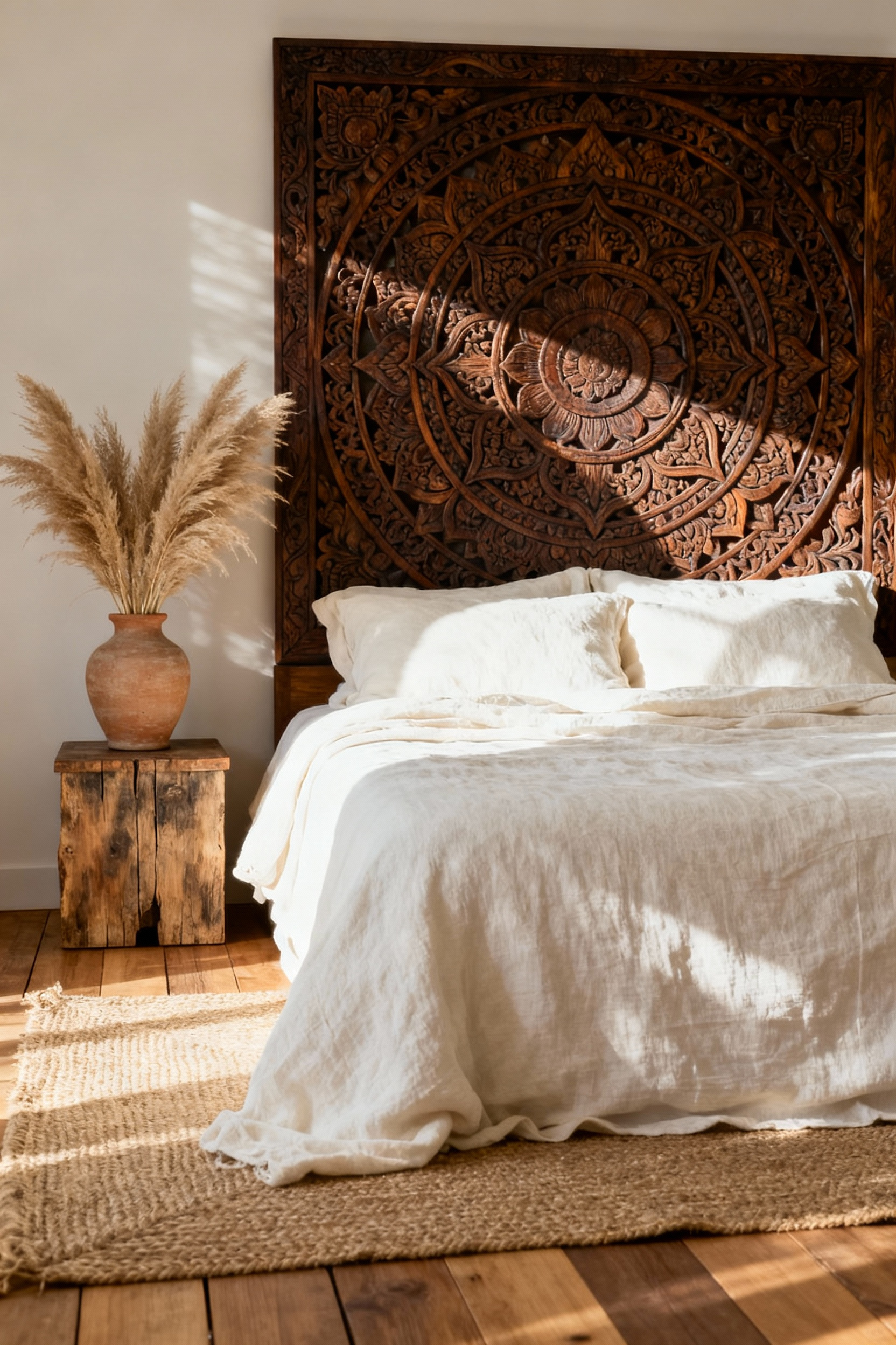 A stunning boho bedroom featuring a large, intricate, dark teak wood hand-carved mandala headboard against quiet, cream-colored linen bedding and limewash walls, serving as a dramatic spiritual focal point.