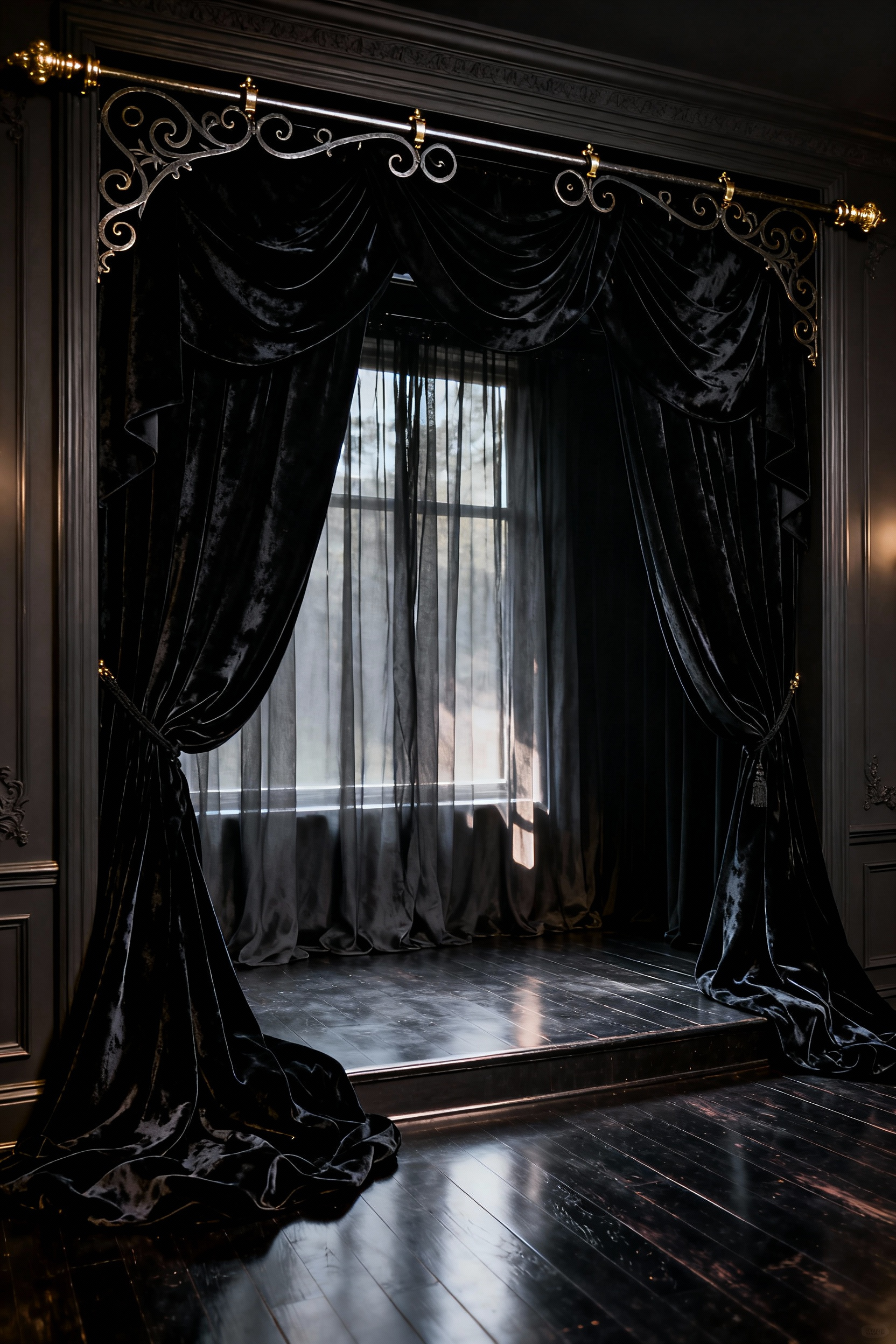 Floor-to-ceiling black velvet drapery in a luxurious gothic bedroom, dramatically puddled onto a dark wood floor, emphasizing the heavy texture and moody, controlled light for a Gothic Romance aesthetic.