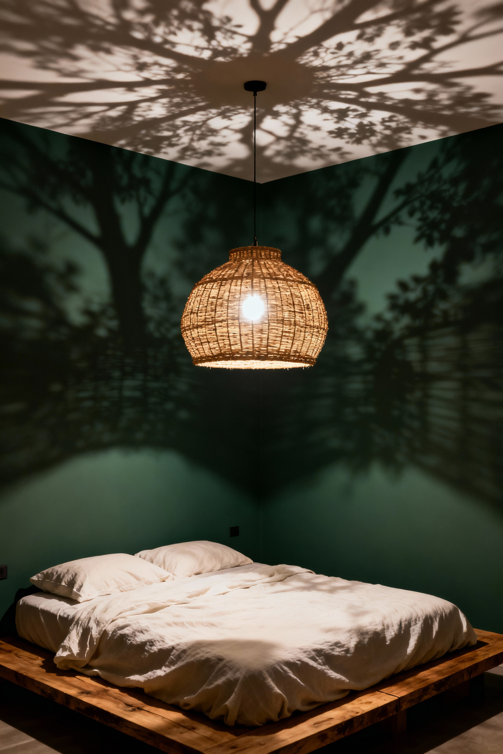 Photograph of a calming green bedroom where a woven rattan pendant light casts organic, dappled, canopy-like shadows onto the moss green ceiling and walls, enhancing the forest aesthetic.