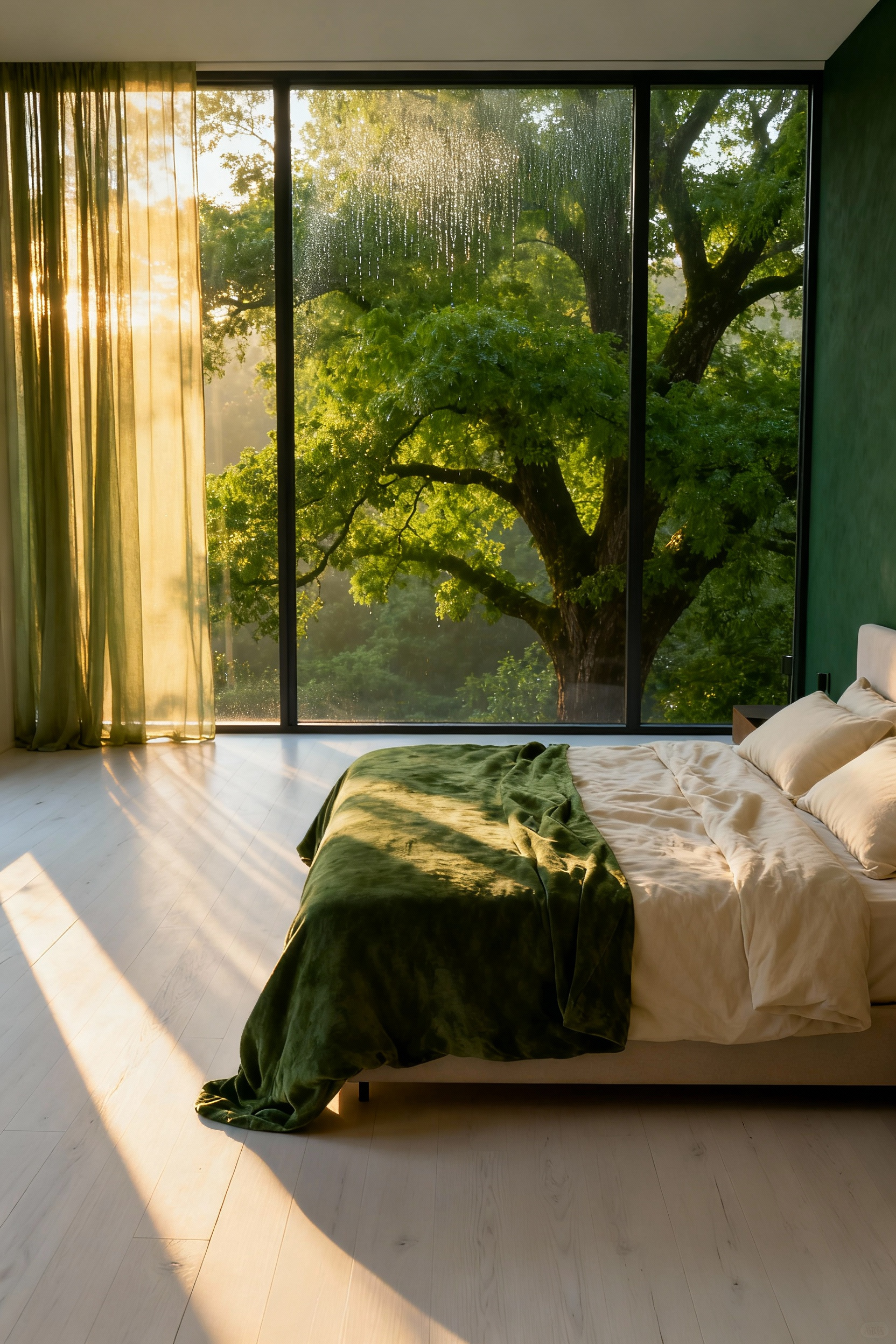 A minimalist green bedroom with a king bed positioned to maximize the view of a mature tree canopy through a large window, illuminated by diffused morning light.