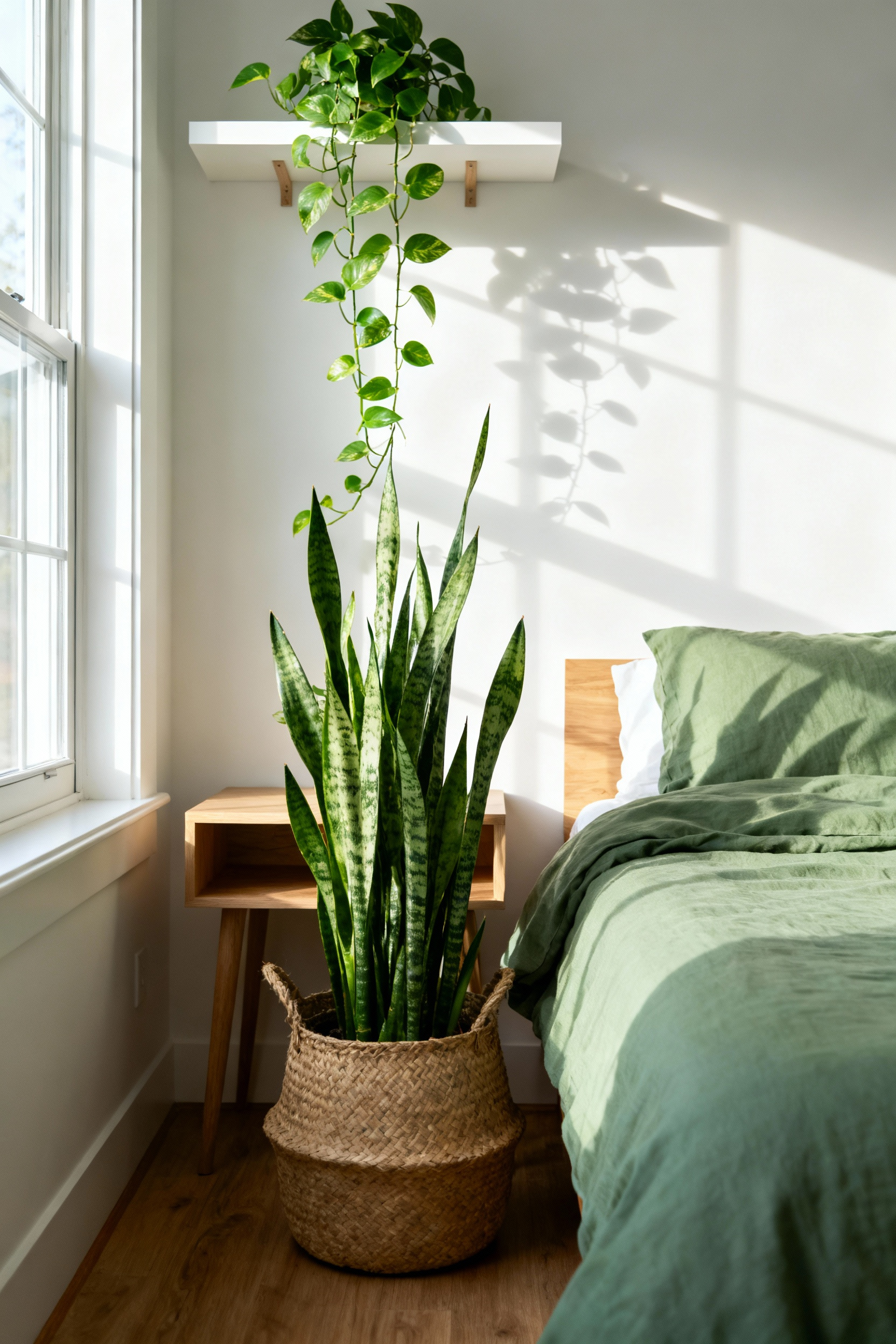 Large snake plant in a floor planter positioned beside the head of a bed with sage green linen bedding, optimizing the green bedroom aesthetic for air purification.