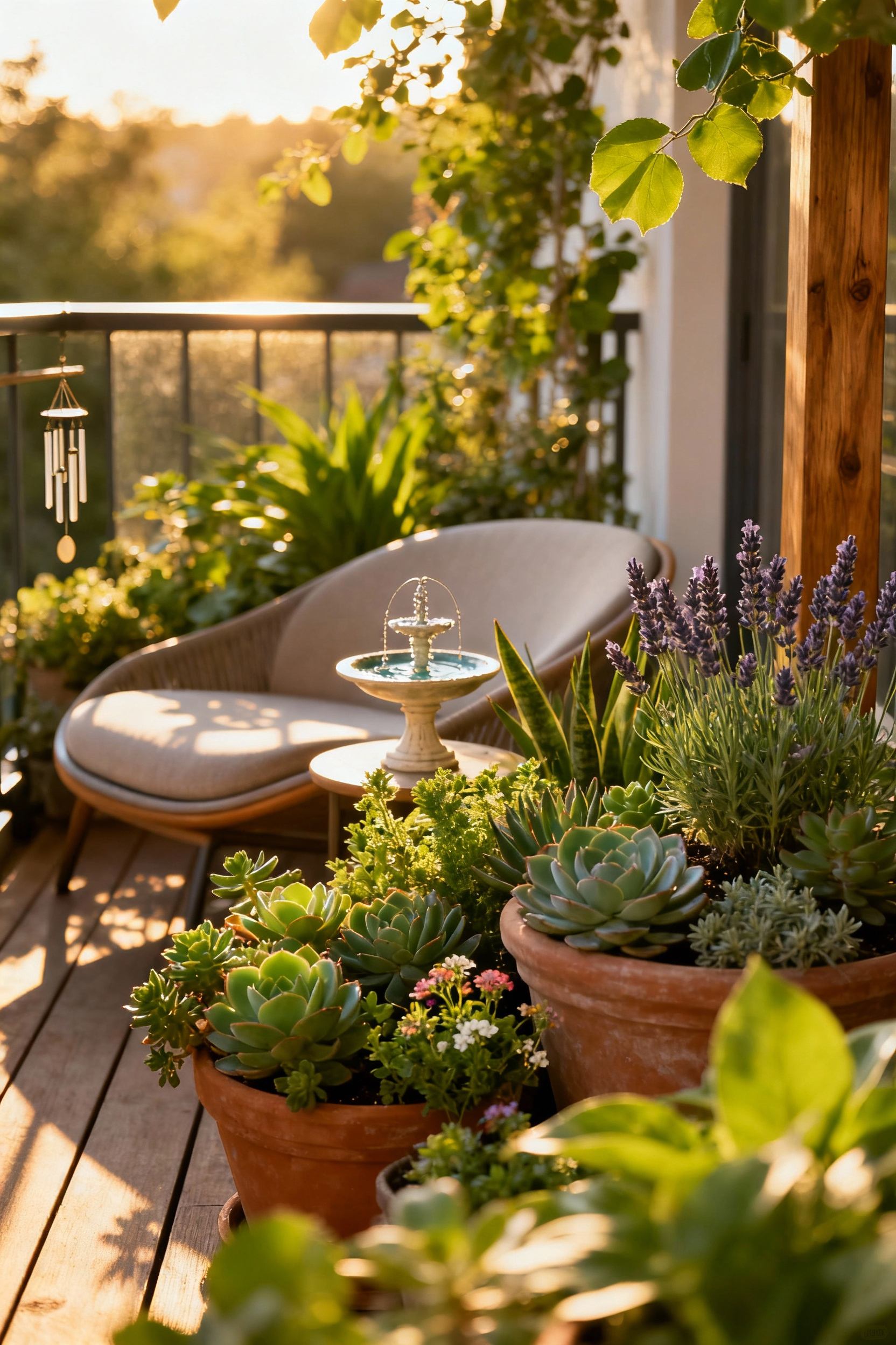 A serene balcony garden with lush green plants, ergonomic seating, and a small water feature under dappled sunlight, illustrating a peaceful green moment for mindfulness practice.