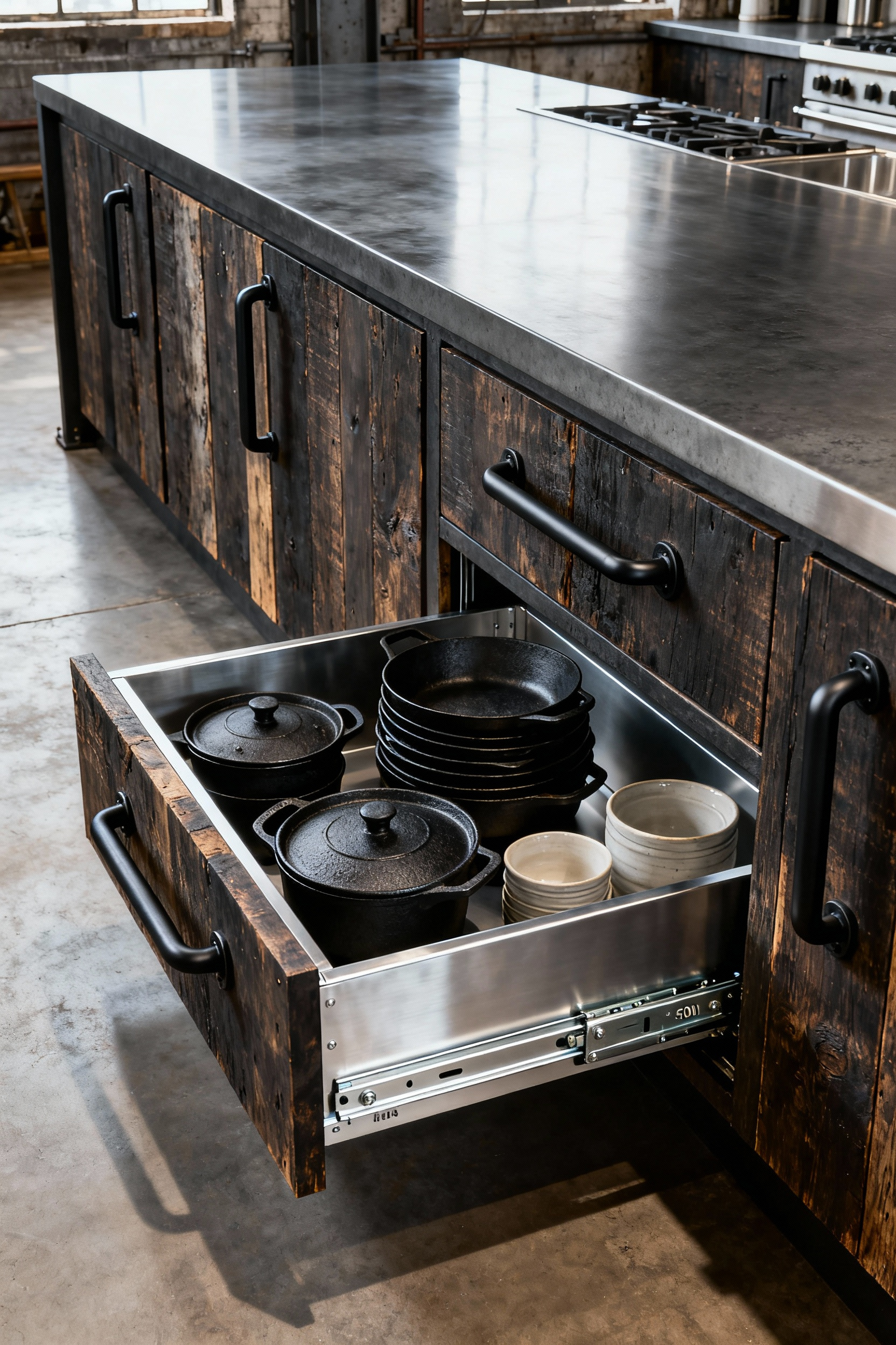 Massive industrial kitchen island with dark reclaimed wood cabinetry and oversized black industrial pulls. A lower drawer is slightly ajar, clearly revealing heavy-duty metal slides and a stack of cast-iron skillets, illustrating the necessity of high load capacity hardware for kitchen infrastructure.
