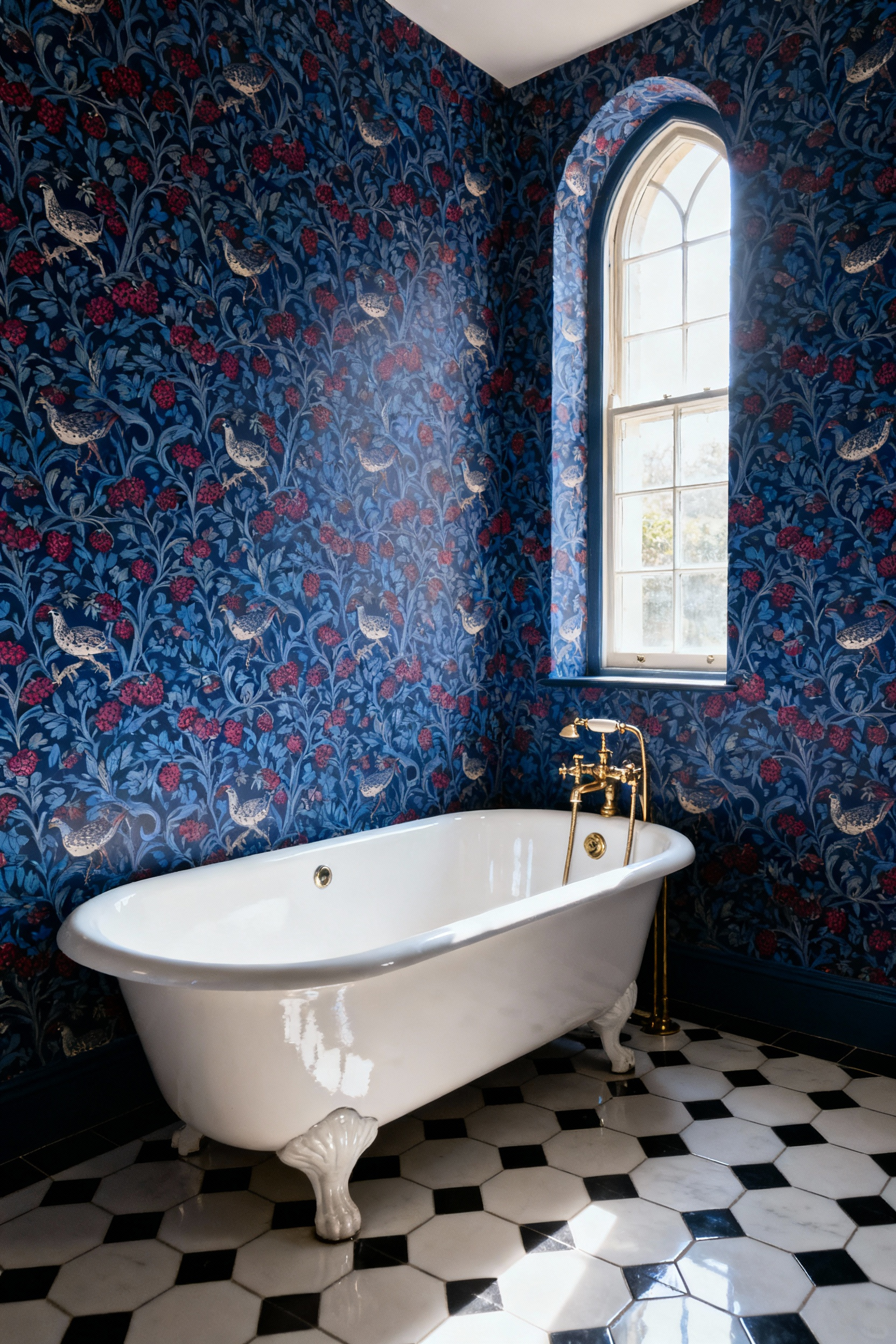 A luxurious bathroom featuring intricate indigo blue William Morris style botanical wallpaper intentionally contrasted with sharp black and white geometric hexagon floor tiles.