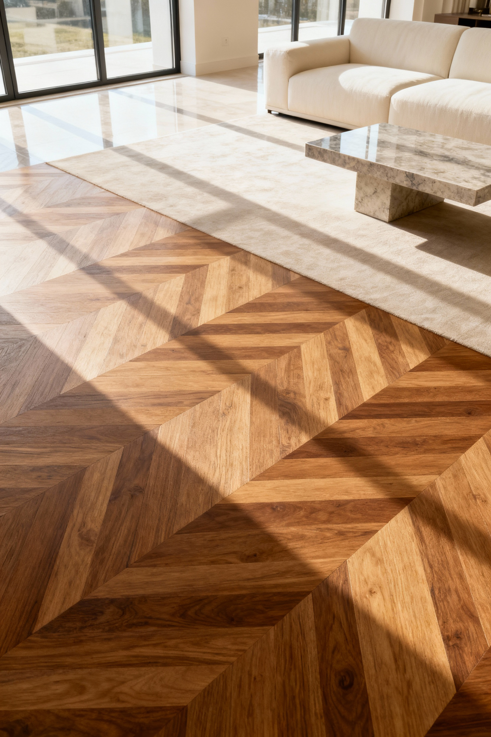 Wide interior view of a contemporary living room floor illustrating the fundamental geometric differences between textured Herringbone wood pattern and sharp Chevron wood pattern.
