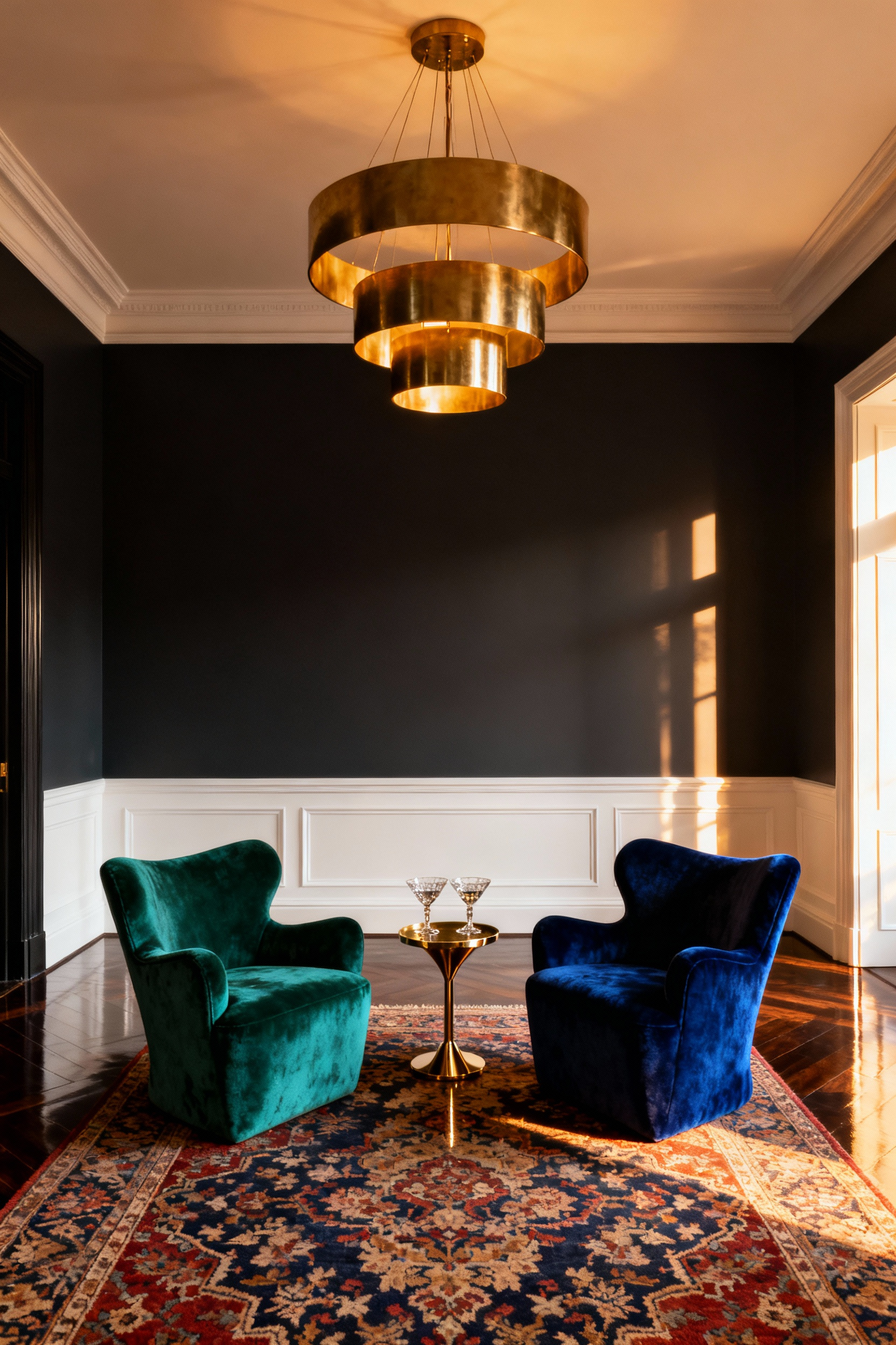 A maximalist formal living room featuring groupings of sculptural, jewel-toned velvet chairs angled at 45 degrees for conversation, set against dark walls and anchored by an antique rug and brass accents.