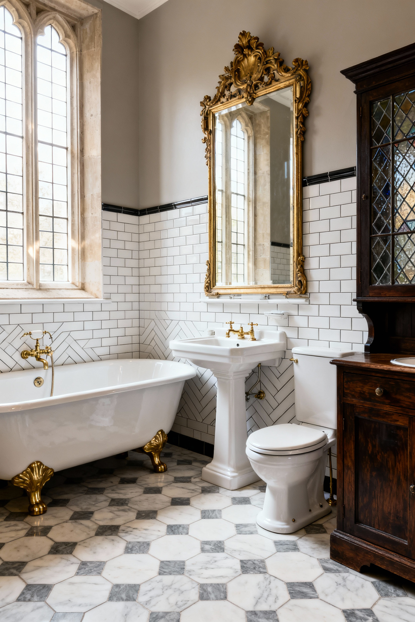 A traditionally designed bathroom emphasizing historical authenticity, featuring a clawfoot tub, pedestal sink, high-level cistern, subway tiles, marble floor, oak vanity with leaded glass, and brass fittings.