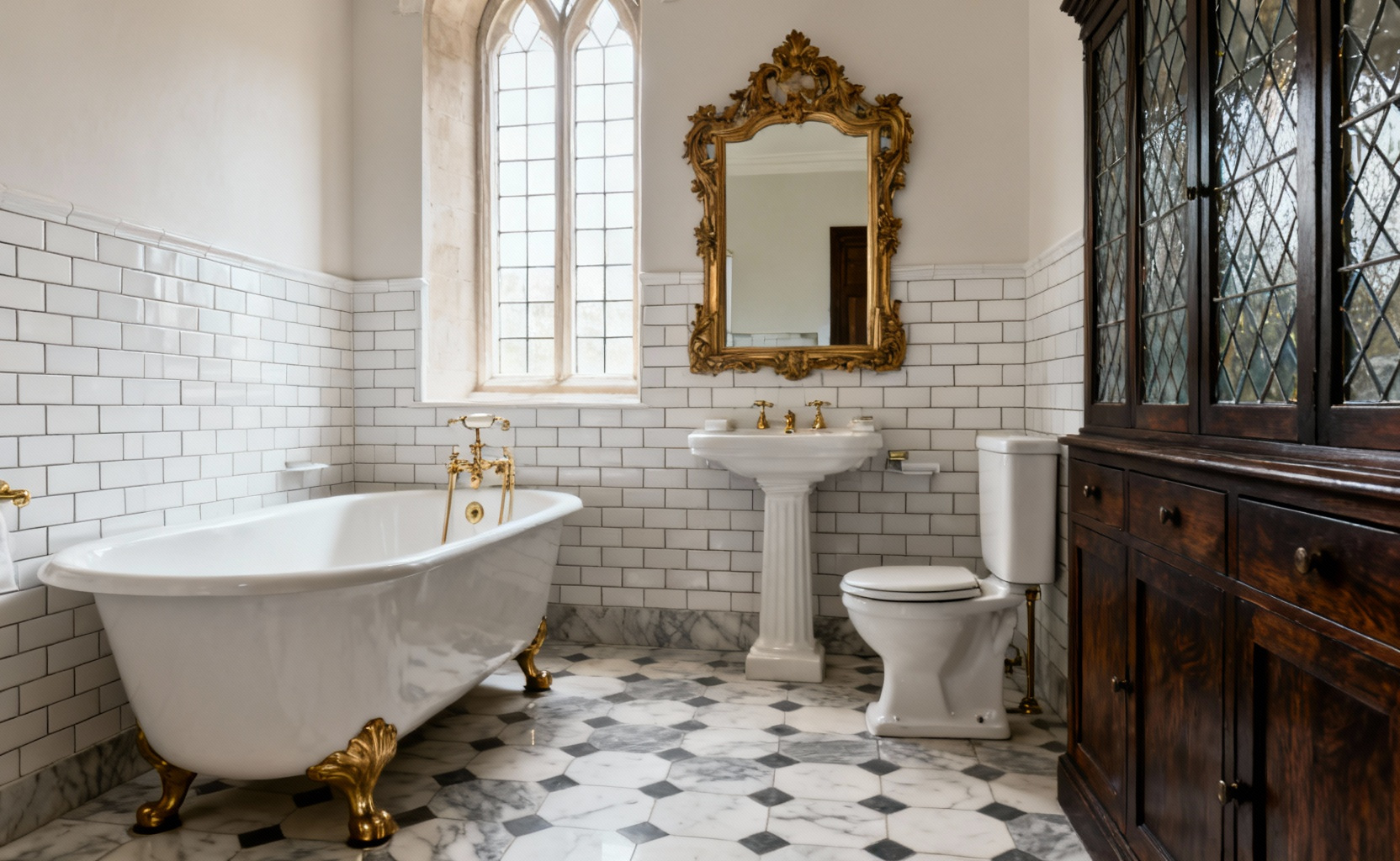 A traditionally designed bathroom emphasizing historical authenticity, featuring a clawfoot tub, pedestal sink, high-level cistern, subway tiles, marble floor, oak vanity with leaded glass, and brass fittings.