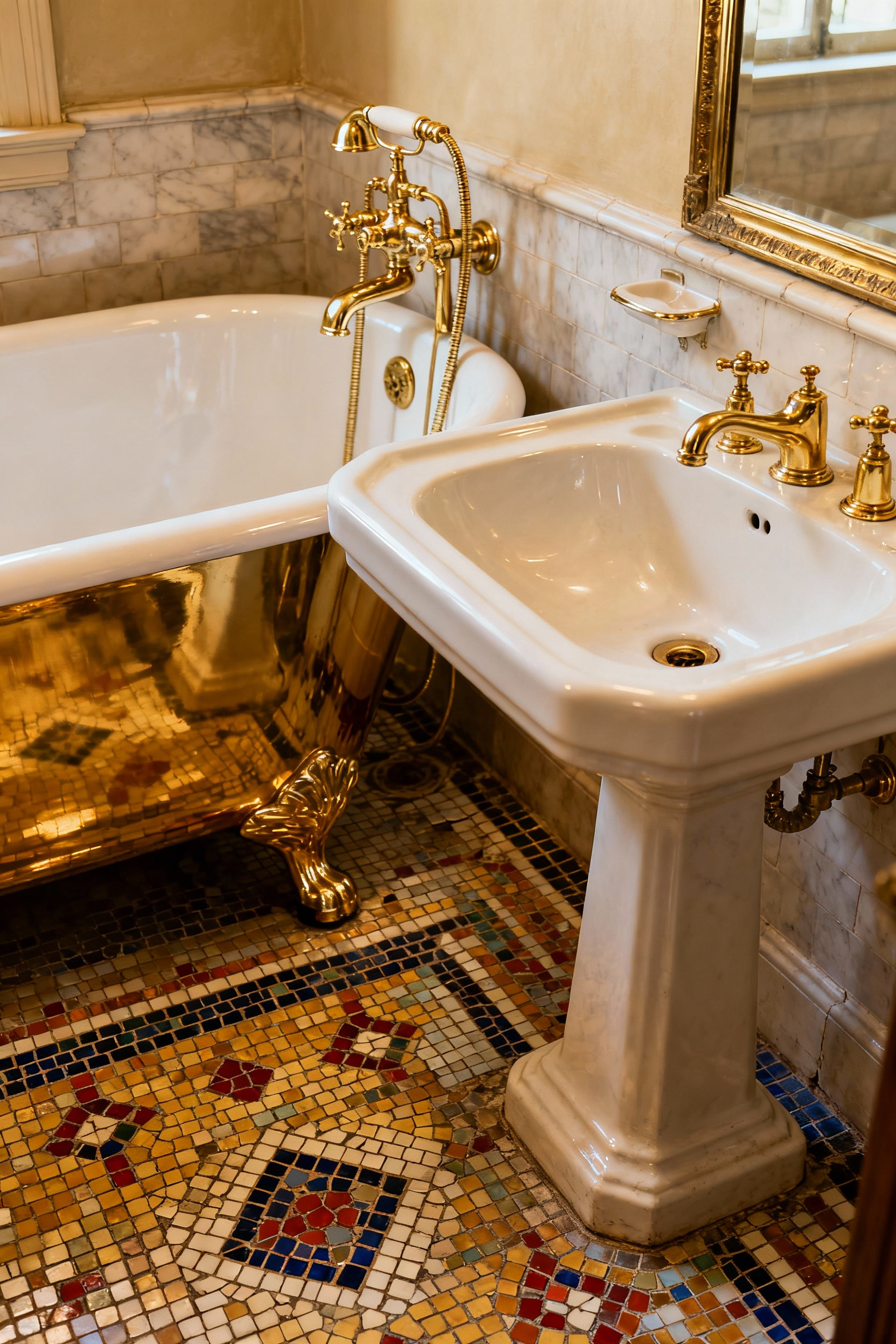 A stunning traditional bathroom featuring a beautifully restored antique cast-iron clawfoot tub with gleaming re-plated brass fixtures and an intricately repaired mosaic tile floor. The porcelain pedestal sink is also meticulously polished, showcasing the elegant preservation of historical elements and skilled restoration work in a bright, inviting space.