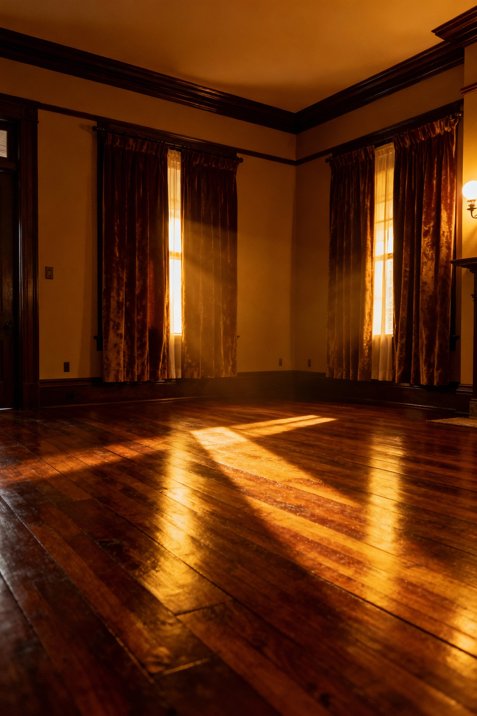 A low-luster, waxed antique hardwood floor in a dimly lit historical living room setting reflecting the soft, warm glow of low gaslight, demonstrating the subtle patina of pre-1920s finishes.