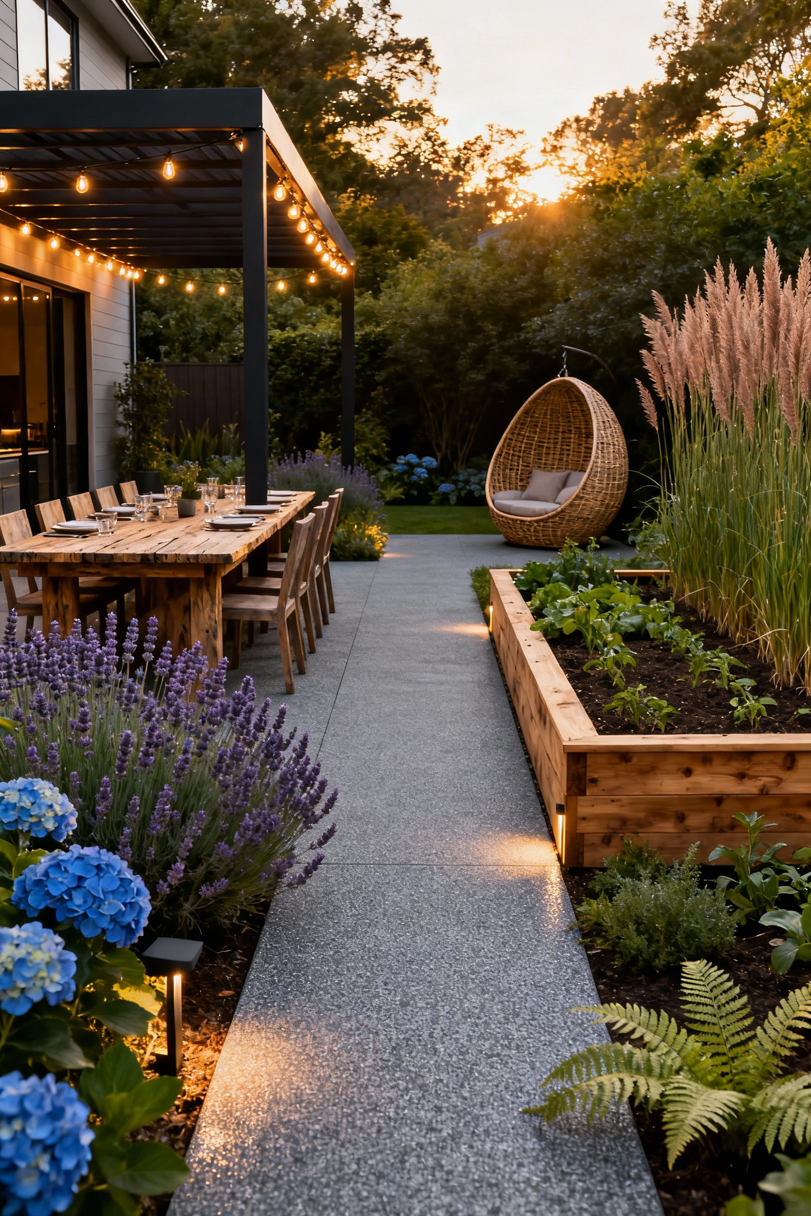 A wide-angle view of a luxurious, dual-zoned backyard sanctuary featuring a sprawling teak dining area for social connection and a secluded raised vegetable garden patch with a private lounge chair, illustrating the concept of the backyard as a reflection of inner psychological needs.