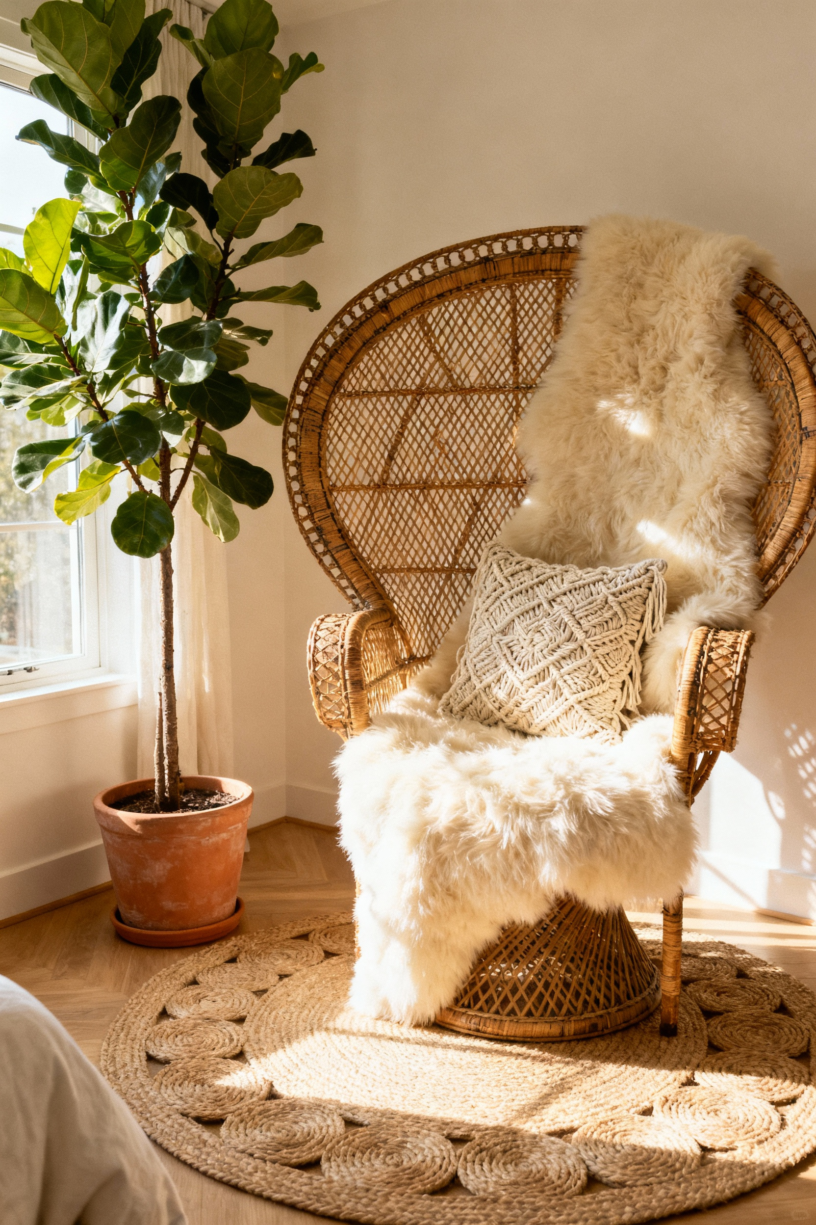 A magnificent, vintage wicker Peacock Chair draped with a white sheepskin rug, placed in a sunlit boho bedroom corner next to a large potted Fiddle Leaf Fig plant.
